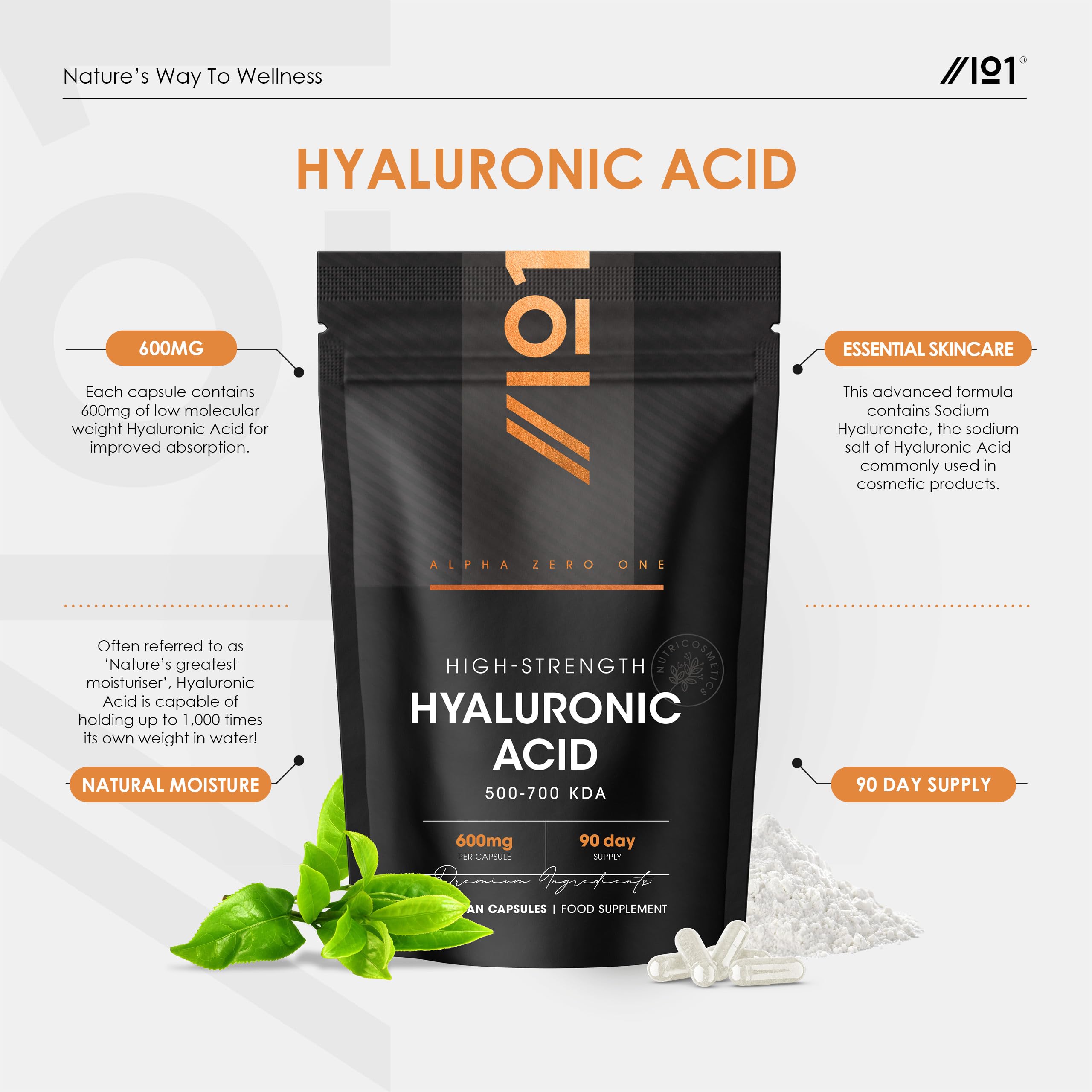 Hyaluronic Acid Supplement 600mg (500-700 KDA) - 90 Vegan Triple Strength Hyaluronic Acid Capsules - 3 Month Supply - Natural Skin, Hair & Joint Supplement for Women & Men - Superior Absorption