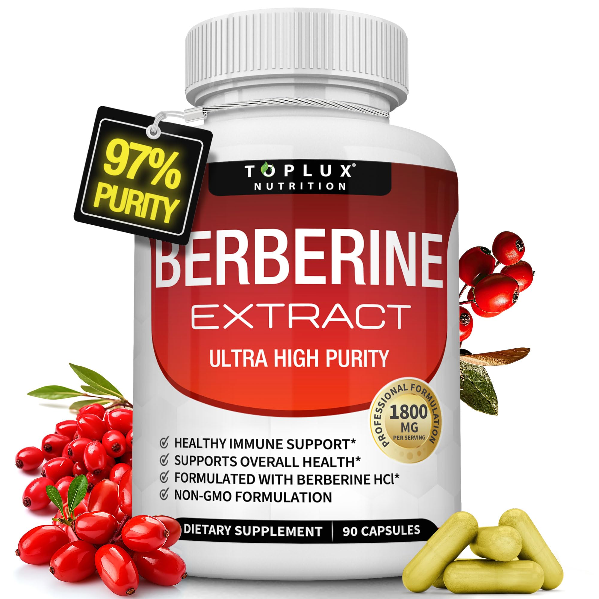 Toplux Berberine Supplement 1800mg - Berberine HCL 97% Tested Ultra High Purity Premium Berberine Extract to Support Overall Health, High Potency Berberine Plus Non-GMO Vegan Men Women, 90 Capsules
