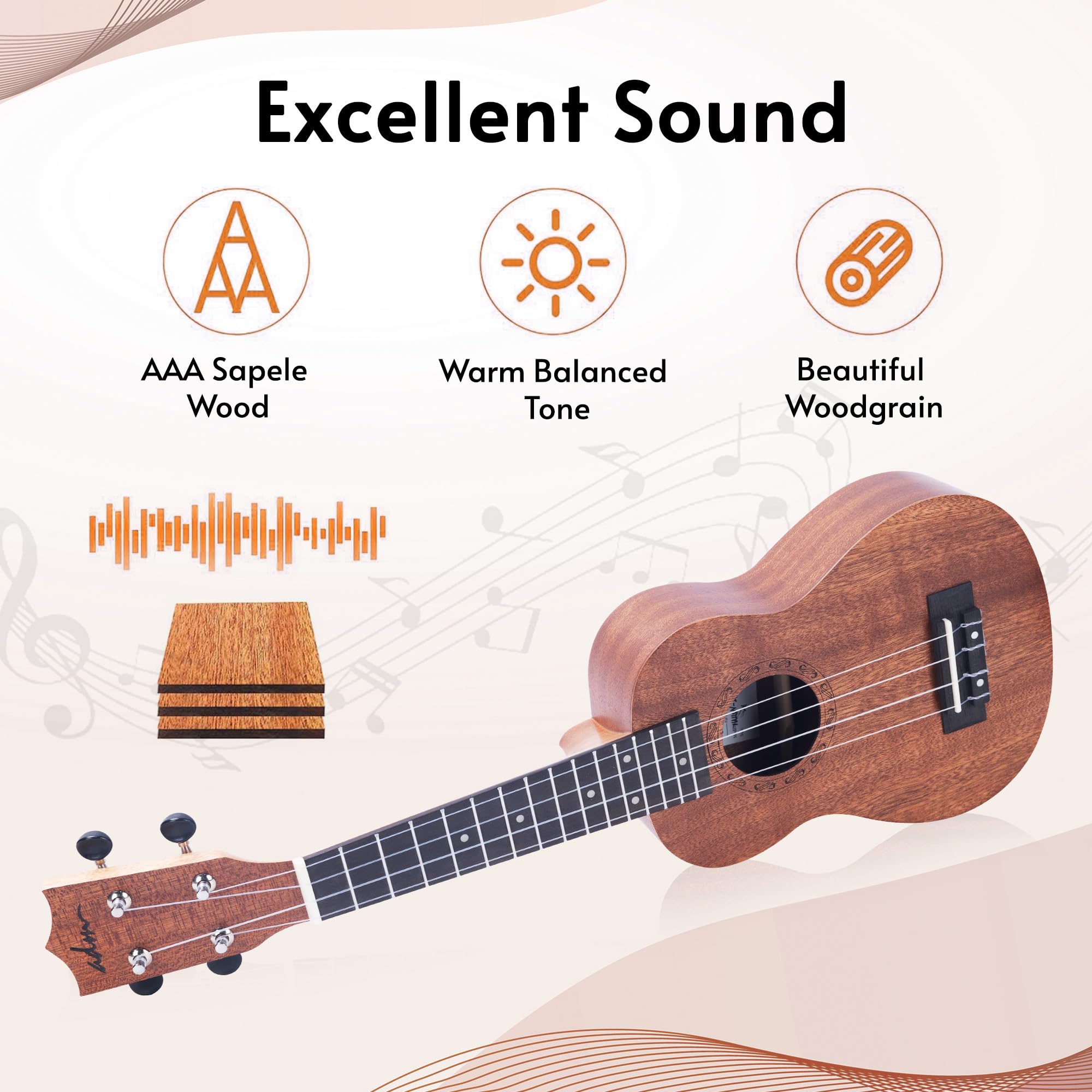 ADM Ukulele Beginner Kit Mahogany Hawaiian Wood Ukelele Bundle Ukalalee Set with Uke Free Starter Lessons for kids Students and Adults, Yellow Brown (Khaki, 21 inch)