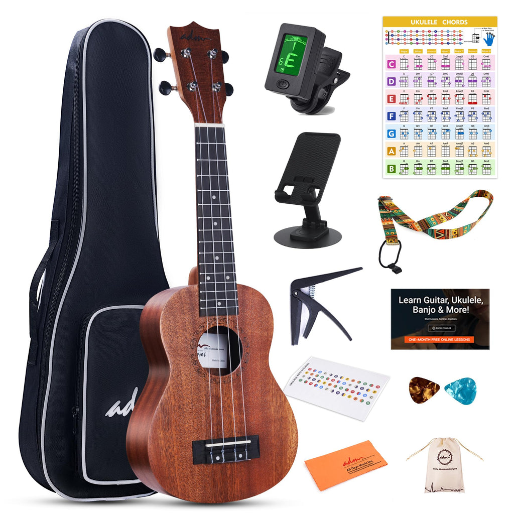 ADM Ukulele Beginner Kit Mahogany Hawaiian Wood Ukelele Bundle Ukalalee Set with Uke Free Starter Lessons for kids Students and Adults, Yellow Brown (Khaki, 21 inch)