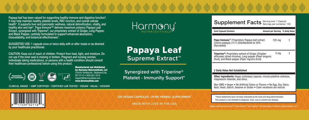 Harmony Nutraceuticals Papaya Leaf Supreme Extract Highest Potency Maximum Bioactivity Organic Dr. Gumman's Clinical Grade 120 Vegan Capsules Synergized with Triperine