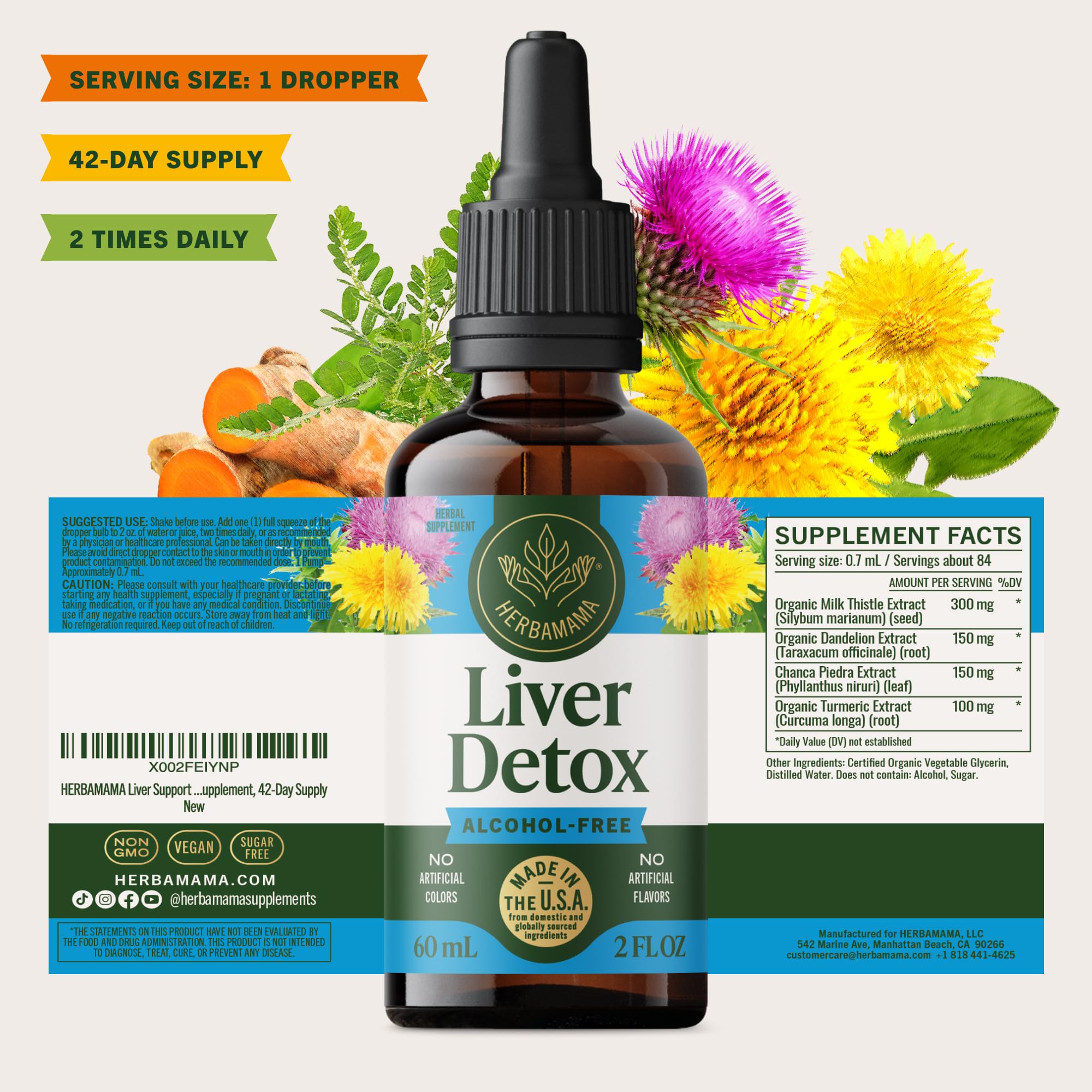 HERBAMAMA Liver Cleanse Detox & Repair - Liver Support Supplement - Liquid Drops with Milk Thistle, Dandelion Root & Chanca Piedra - Alcohol & Sugar-Free Liquid Cleanse Supplement, 42-Day Supply
