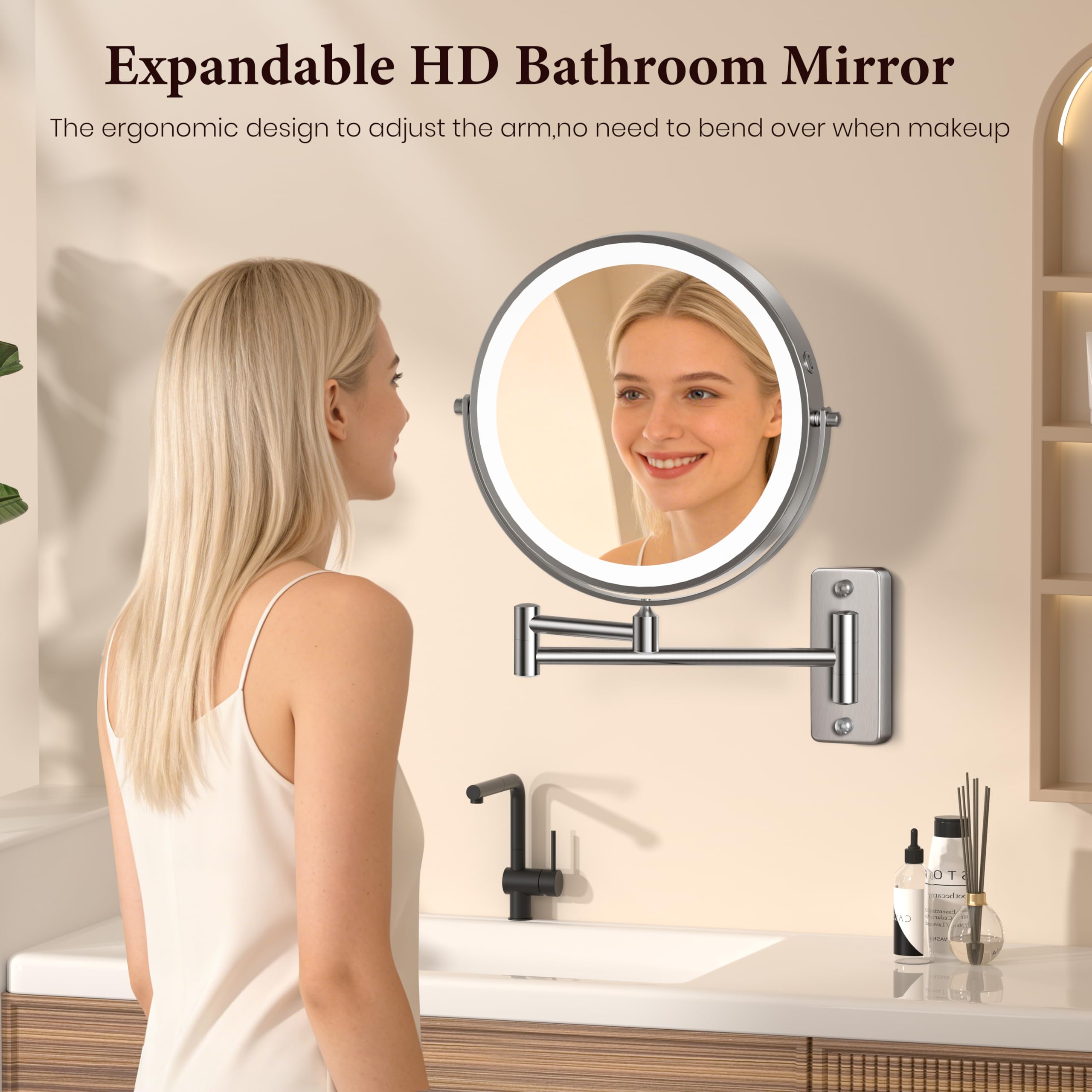 9" Large Wall Mounted Lighted Makeup Mirror, 5000mAh Rechargeable 1X/15X Magnifying Mirror with 3 Color Lights Touch Dimmable, Extended Arm 360° Rotation Bathroom Wall Mounted Makeup Mirror, Nickel