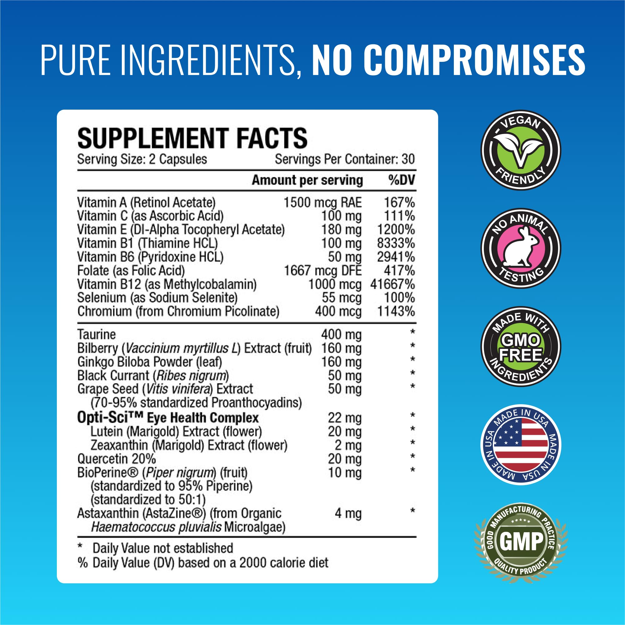 Approved Science EyeSyl - Eye Support Supplement - Chromium Picolinate, Taurine, Lutein, Zeaxanthin, Bilberry, BioPerine - 1 Month Supply - 60 Capsules - Made in The USA