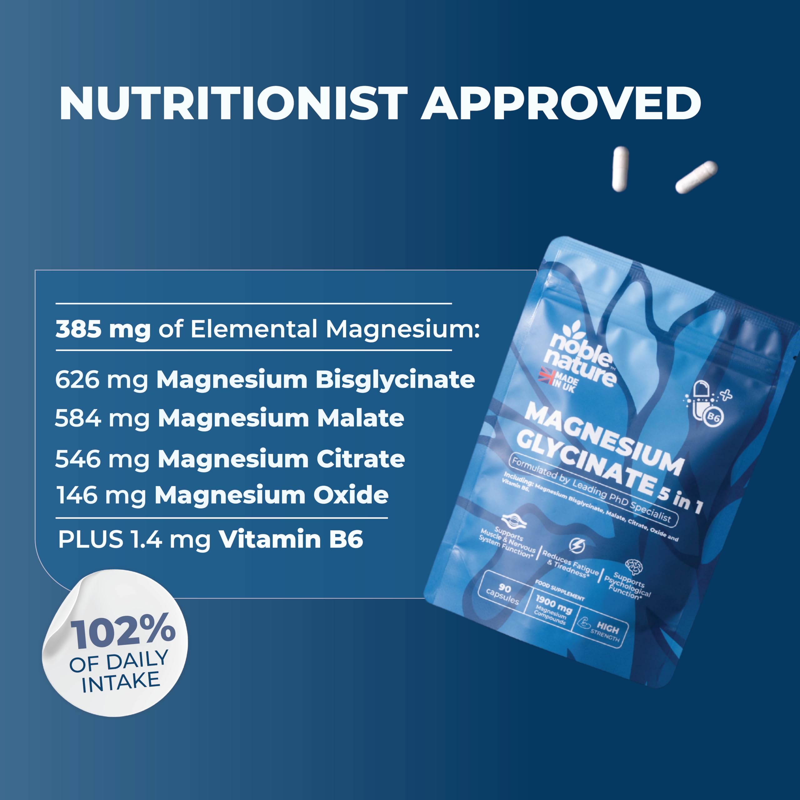 Magnesium Glycinate 5-in-1 Complex Formulated by PhD Expert High Strength 1900mg Supplements as Bisglycinate, Malate, Citrate, Oxide & Vitamin B6-90 GMO Free Capsules, 384mg Elemental, UK Made (90)