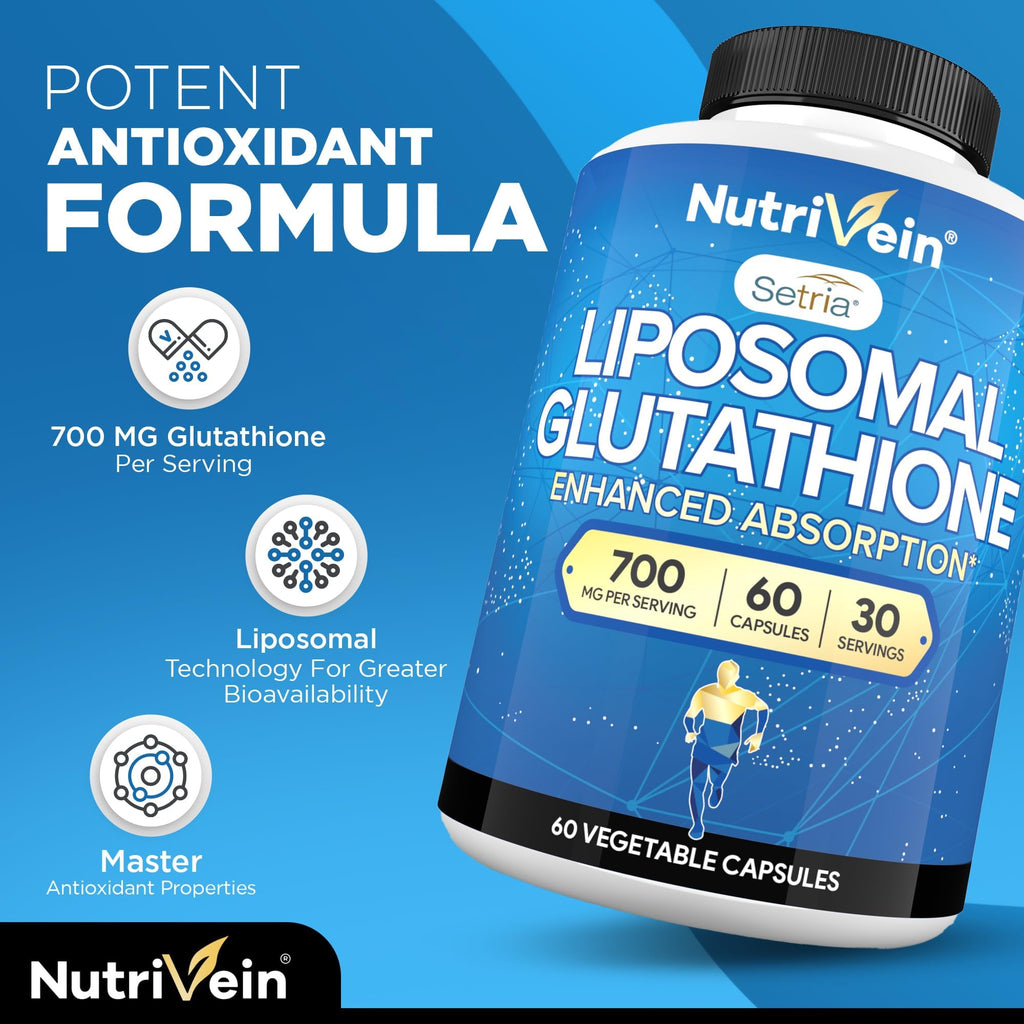 Nutrivein Premium Liposomal Glutathione Supplement 700 mg - 60 Caps - Pure Reduced Glutathione Setria - Master Antioxidant - Cell Protection, Cleansing, Liver, Brain, Vitality, and Defenses