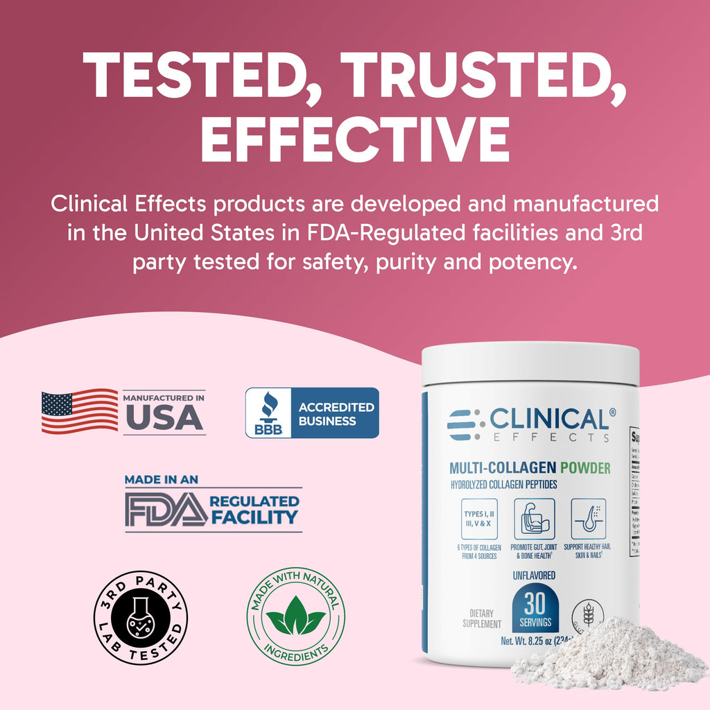 Clinical Effects Multi-Collagen Powder - Collagen Dietary Supplement - 8oz - 30 Servings - 5 Types of Quality-Sourced Multi-Collagen to Support Joint, Bone, Skin and Nail Health - Fast Absorption