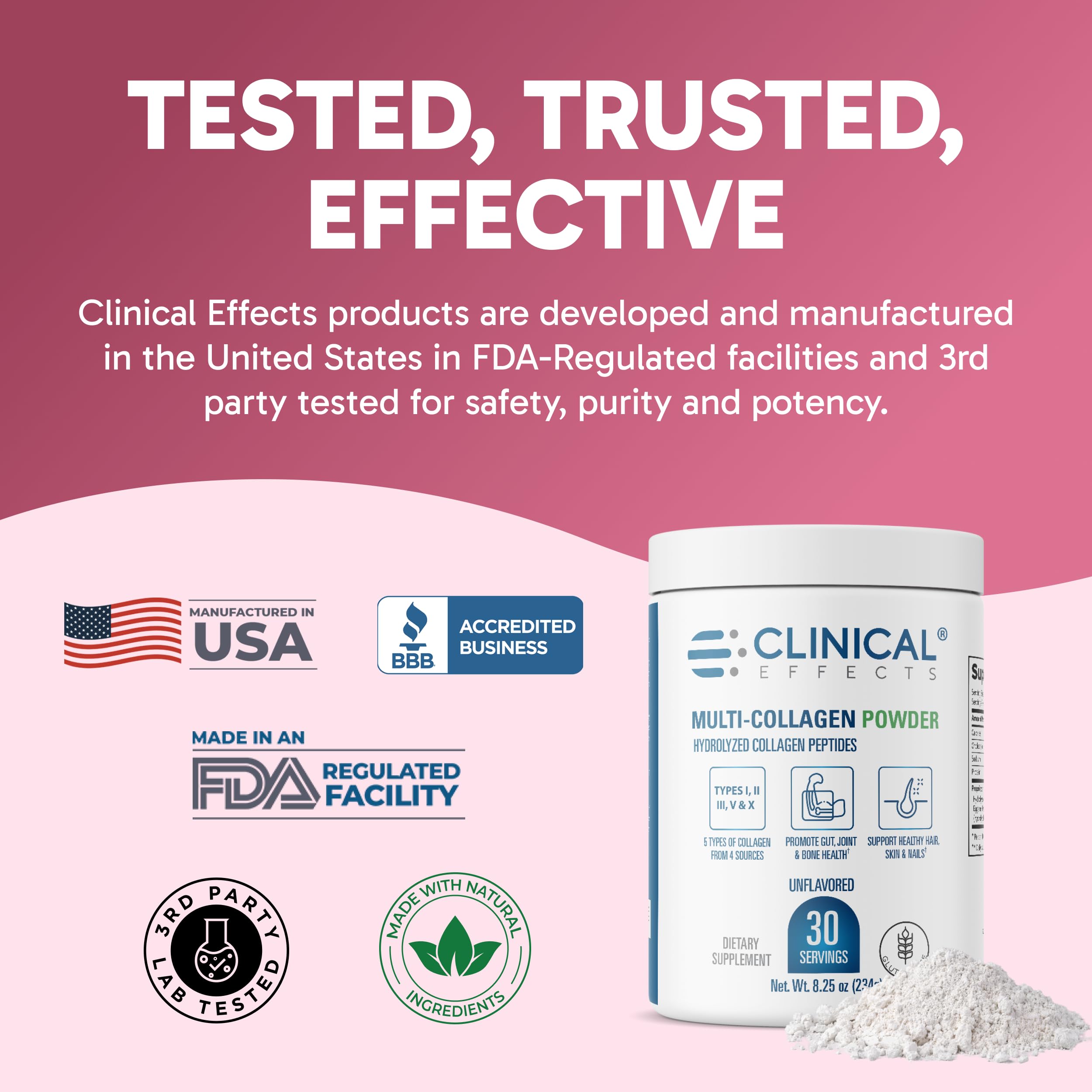 Clinical Effects Multi-Collagen Powder - Collagen Dietary Supplement - 8oz - 30 Servings - 5 Types of Quality-Sourced Multi-Collagen to Support Joint, Bone, Skin and Nail Health - Fast Absorption