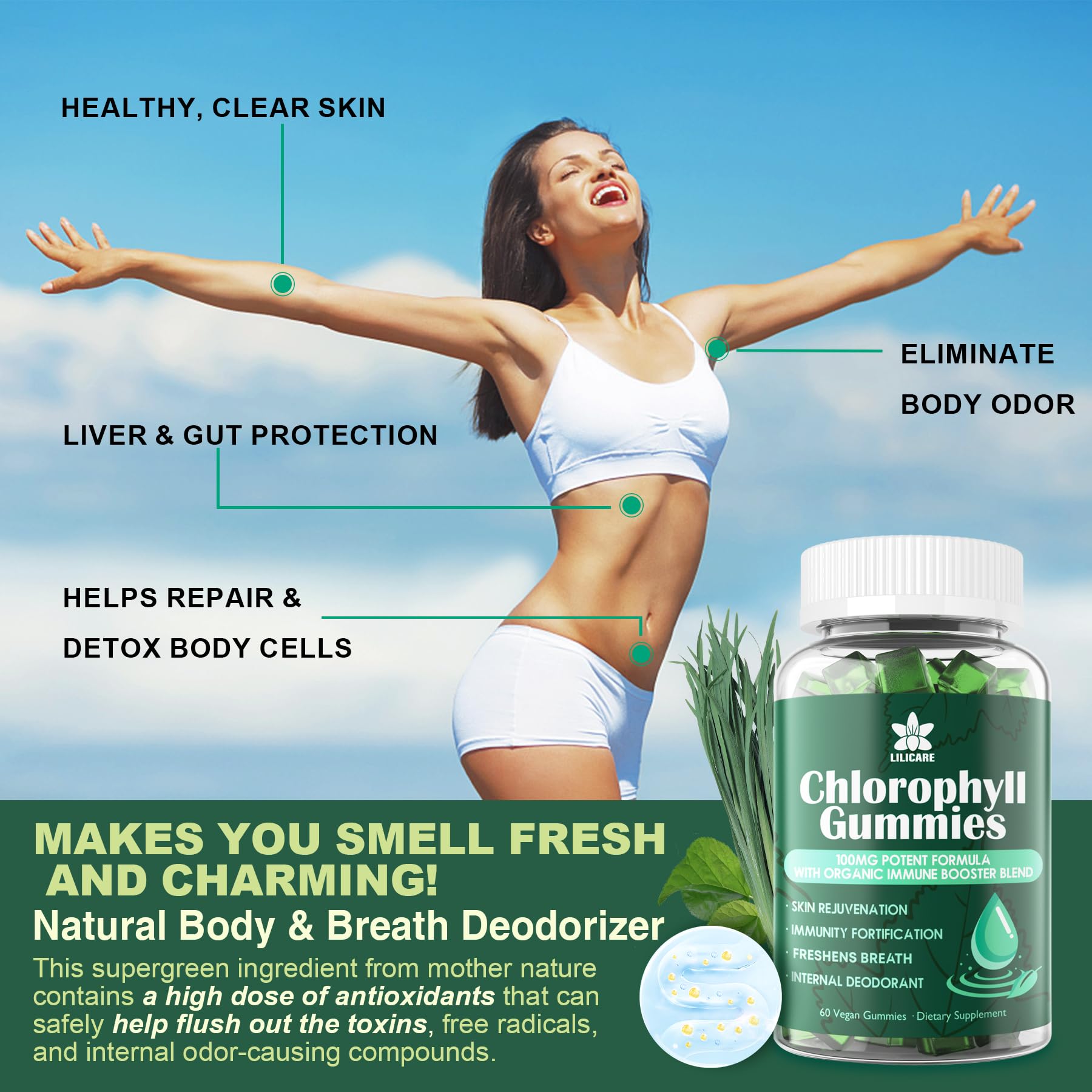 Chlorophyll Gummies - Super Green with Wheat Grass, Sea Moss, Unfiltered ACV & Elderberry, Echinacea, Zinc Complex & Vitamin D3, C, E, B12 for Natural Deodorant, Immune & Digestion Support, Pack of 2