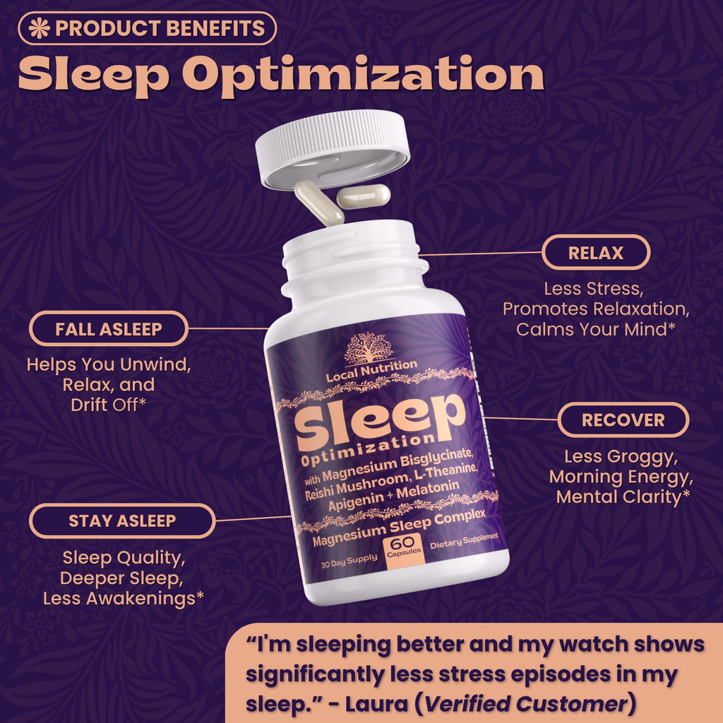 Local Nutrition Natural Sleep Aid with Magnesium Glycinate, Reishi Mushroom Extract, L-Theanine, Apigenin, and Melatonin - Sleep Supplement for Adults Seeking Deep Rest - 60 Capsules, Made in the USA