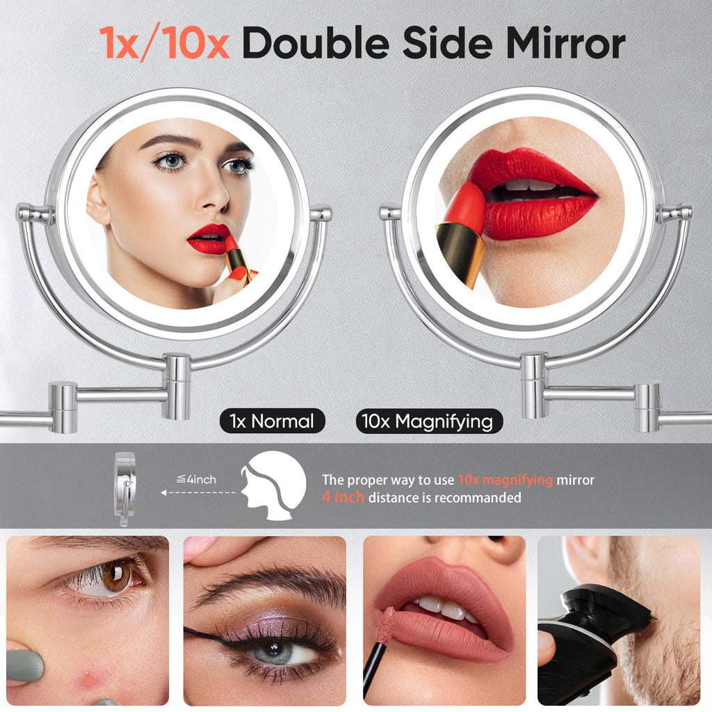 GURUN Wall Mounted Hardwired Makeup Mirror with 3 Tones Dimmable LED Lights 10x Magnifying Mirror with Touch Control for Bathroom Bedroom 13" Extendable Arm Direct Wire (10x, Chrome)