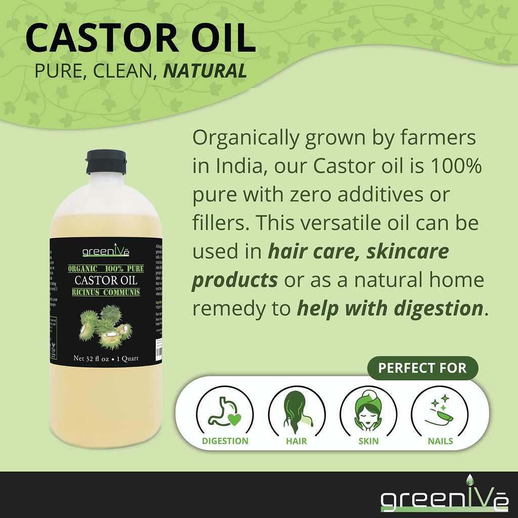 GreenIVe 100% Pure Castor Oil – Cold-Pressed, Hexane-Free – Hair, Eyebrows, Eyelashes, Skin Moisturizer, Castor Pack Wrap Oil Bulk Bottle (1 Gallon)