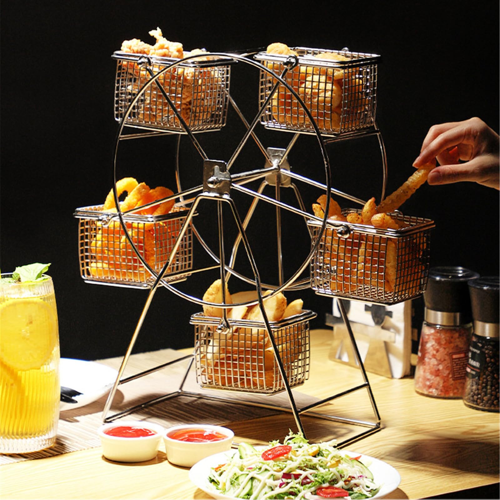 ASkinds Ferris Wheel Rotating Snack Serving Tray for French Fries, Fried Chicken, Dessert Carrier, Fried Food Display Stand for Carnival and Circus Theme Party Wedding Party Furnishing(Silvery)