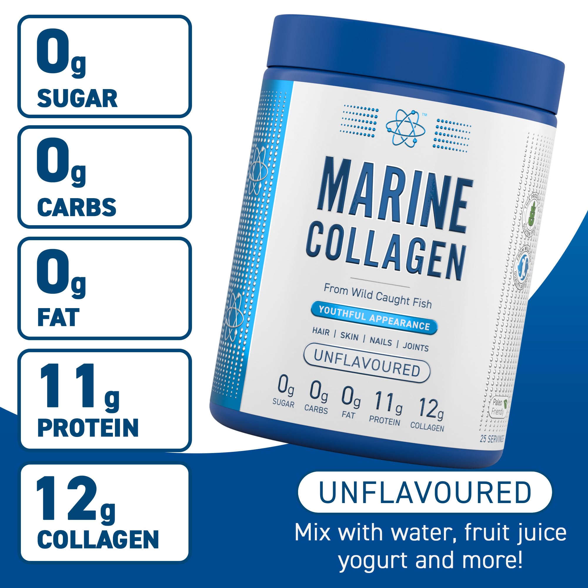 Applied Nutrition Marine Collagen Powder - Hydrolysed Collagen Protein, Healthy Skin, Hair, Nails (Unflavoured) (300g - 25 Servings)