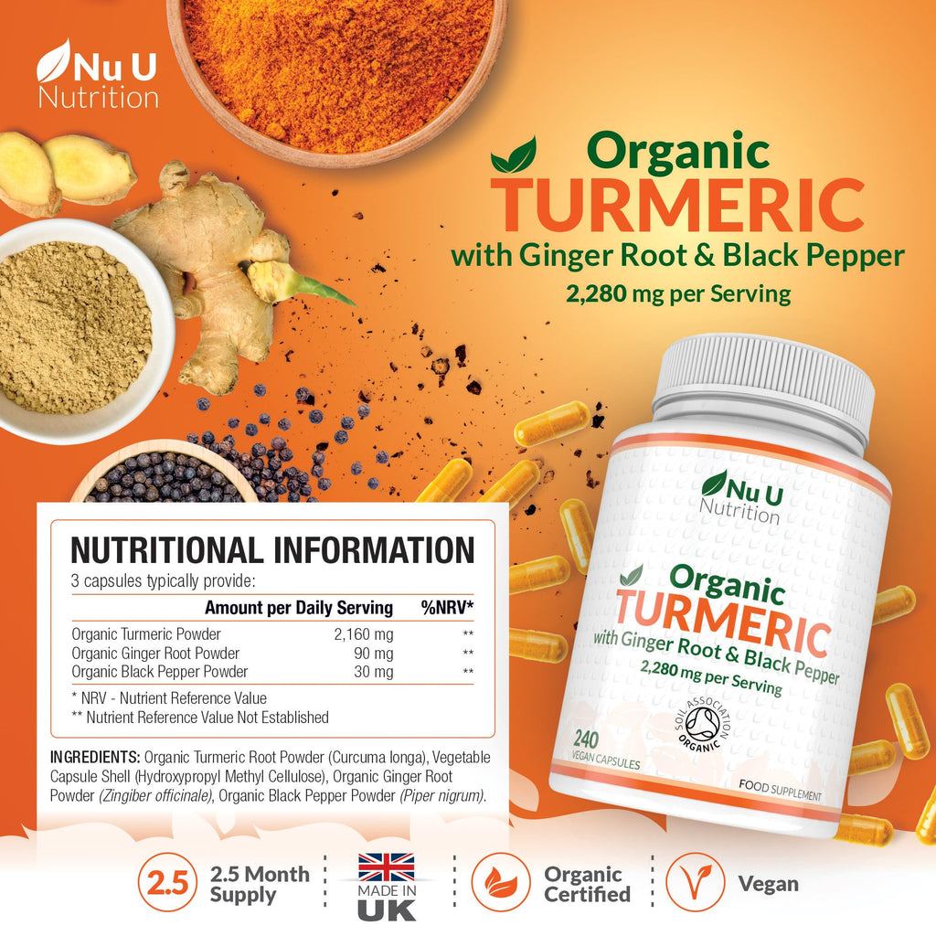 Organic Turmeric Ginger & Black Pepper 2280mg - 240 Vegan Capsules not Tablets - High Strength Tumeric Curcumin - Joints Herbal Supplement for Men and Women - Made in the UK - Nu U Nutrition