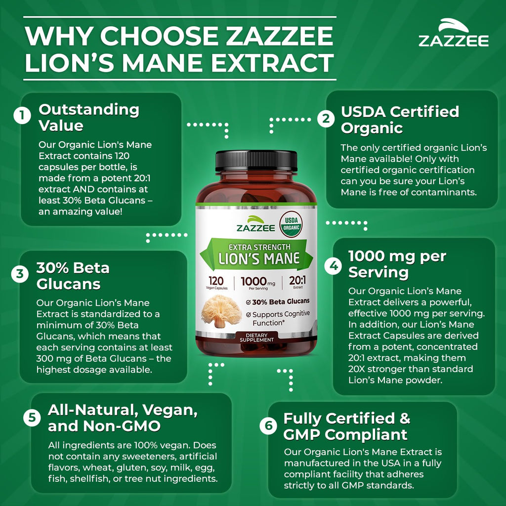 Zazzee USDA Organic Lion's Mane 20:1 Extract, 1000 mg Per Serving, 30% Beta Glucans, 120 Vegan Capsules, Nootropic for Brain Health, Focus, Memory & Immune Support, All-Natural, Non-GMO, Made in USA