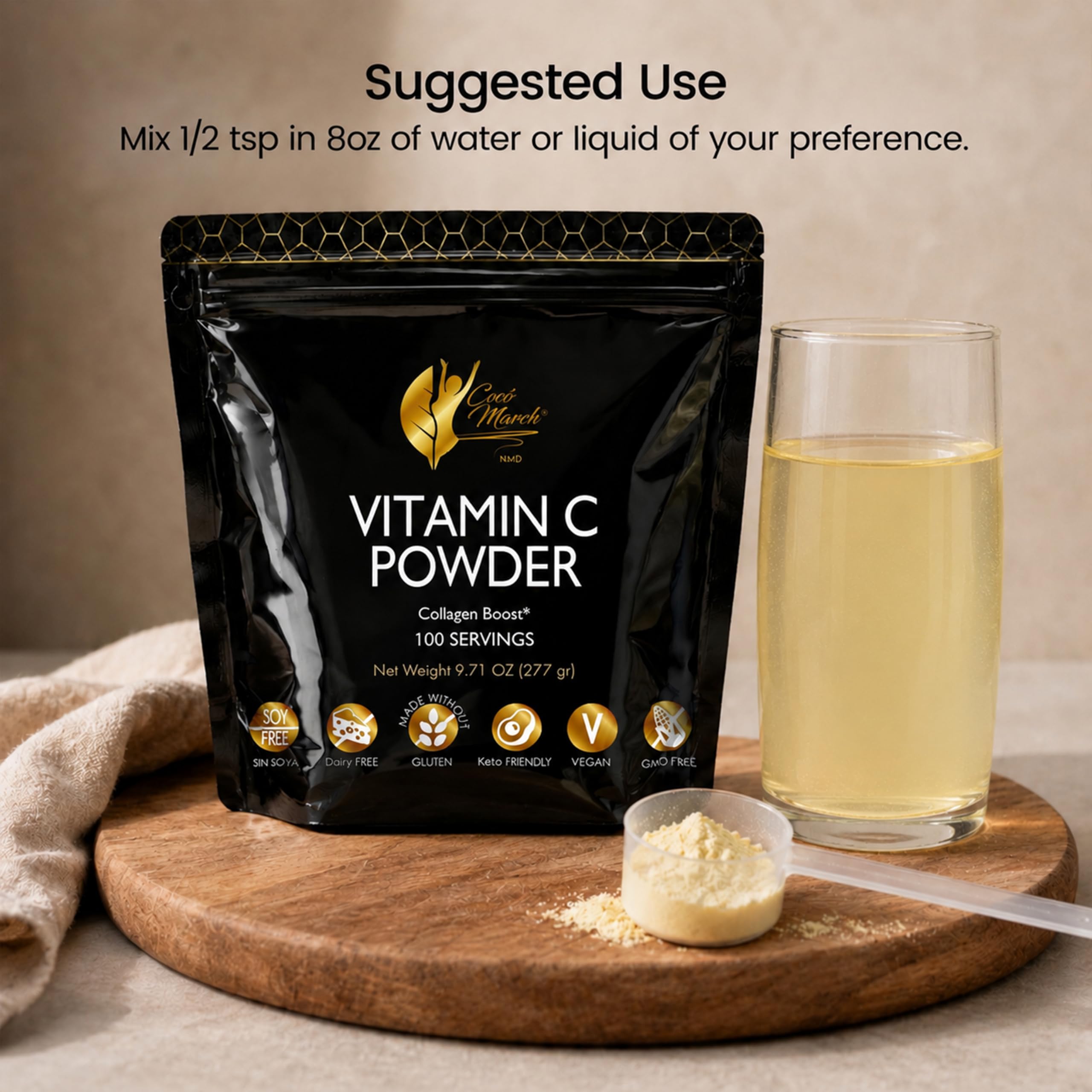 Cocó March N.M.D Vitamin C Powder 1000 mg – Immune Support Supplement with Zinc, Bromelain, Quercetin & L-Lysine, Supports Collagen Production, Vegan, Gluten & Dairy Free, Keto Friendly, 10 oz