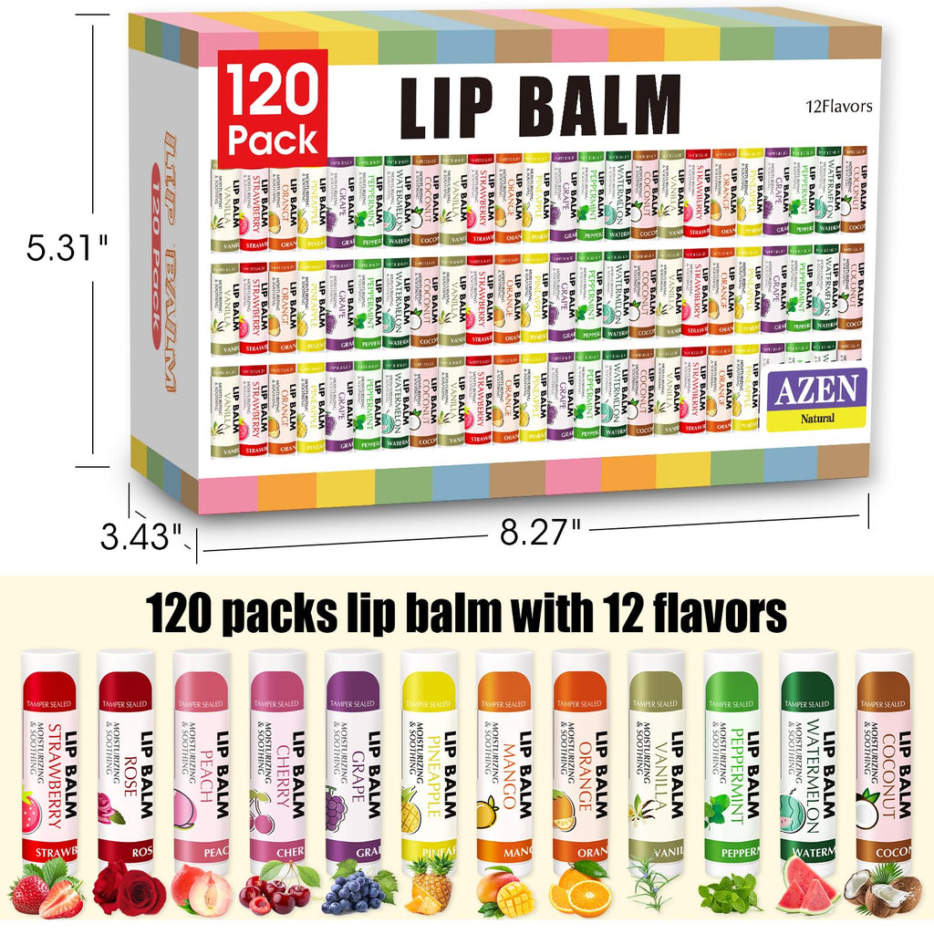 AZEN 120 Pack Lip Balm Bulk, Moisturizing Lip Balms for dry cracked lips, Mothers Day Gifts Easter Basket Stuffers - 12 Flavors