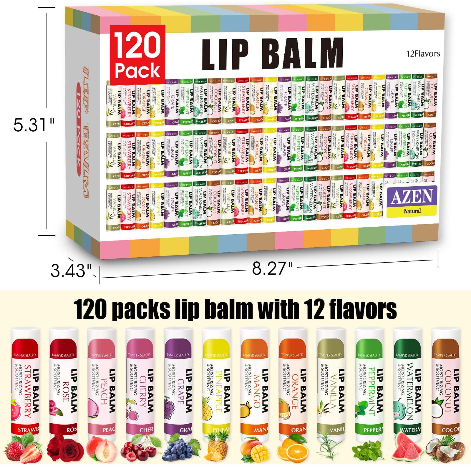 AZEN 120 Pack Lip Balm Bulk, Moisturizing Lip Balms for dry cracked lips, Mothers Day Gifts Easter Basket Stuffers - 12 Flavors