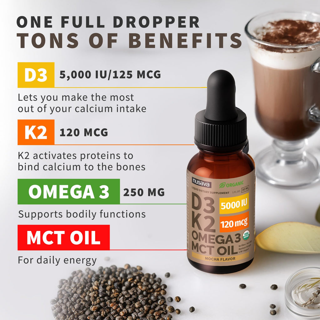 (2 Pack) Organic Vitamin D3 K2 Drops with MCT Oil & Omega 3 - Liquid Vitamin D3 5000 IU - K2 D3 Vitamin Supplement - Vitamin D Drops for Women & Men - No Fillers, Non-GMO, GMP, Mocha Flavor (2 Fl Oz)