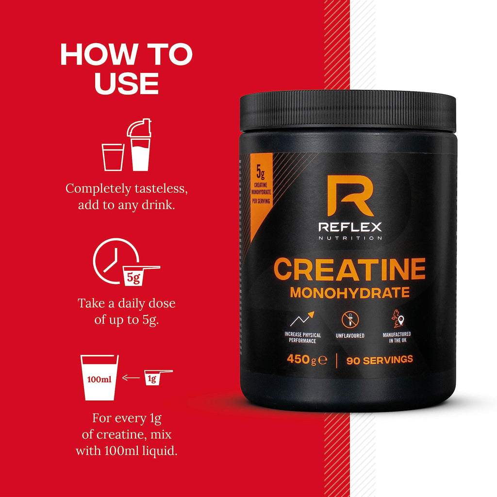Reflex Nutrition Creatine Monohydrate Powder Unflavoured - Performance Enhancing 100% Creatine for Muscle Gains & Recovery - No Fillers or Additives - 450g (Vegan Creatine 5g per Serving, 90 Servings)
