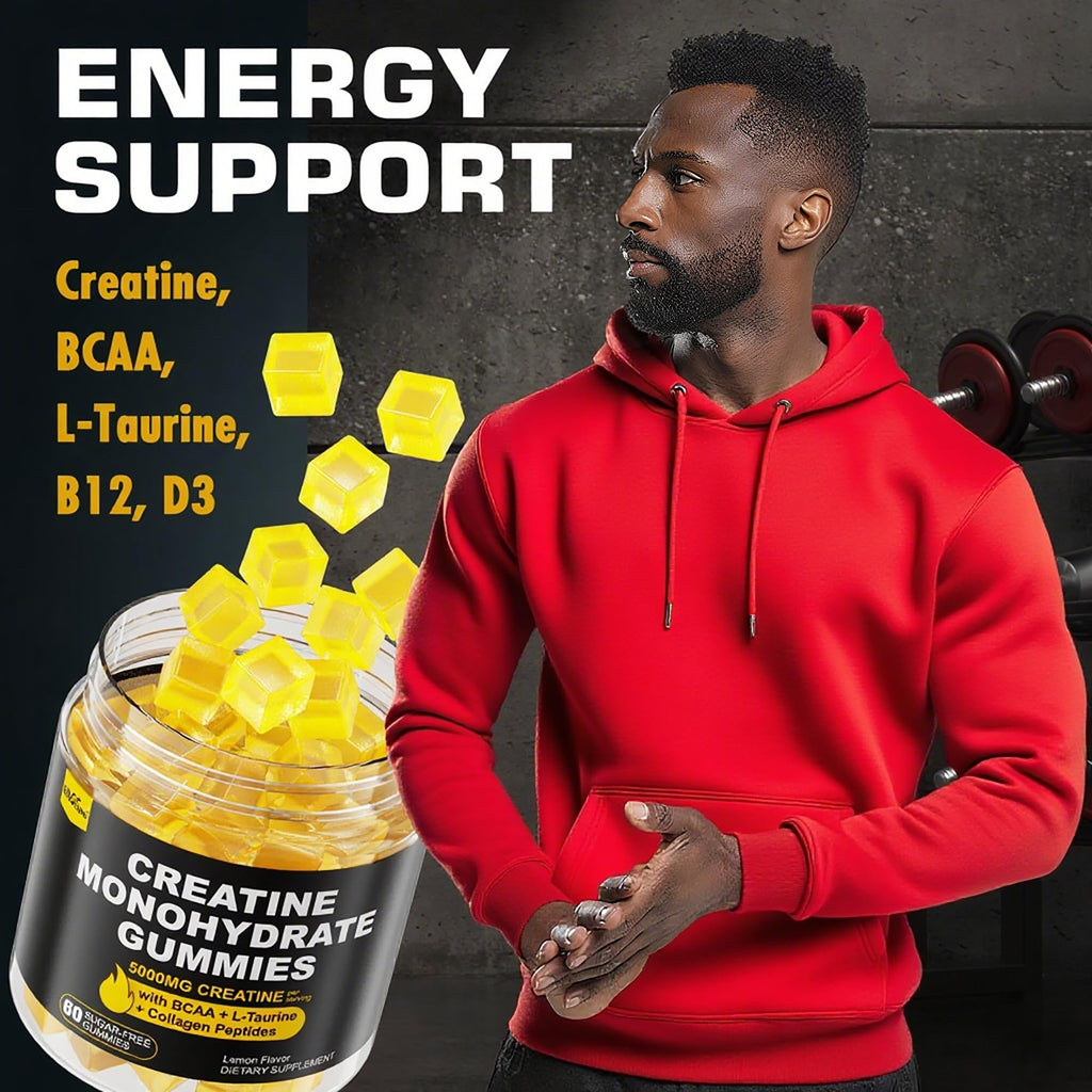 Creatine Monohydrate Gummies for Men & Women - with BCAA, Collagen Peptides, L-Taurine, Vitamin B12, D3, Chewables Creatine Monohydrate 5g Per Serving, Natural Lemon Flavor, Sugar Free, 2 Pack