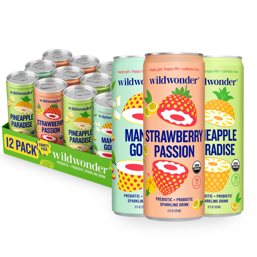 wildwonder Sparkling Probiotic Drink 12pk, For Gut Health & Immune Support, Tropical Vibes Variety, 5g Prebiotic Fiber, Live Probiotics, Organic, Vegan, Low Sugar, 12Pack, 12oz Can, Seen on Shark Tank
