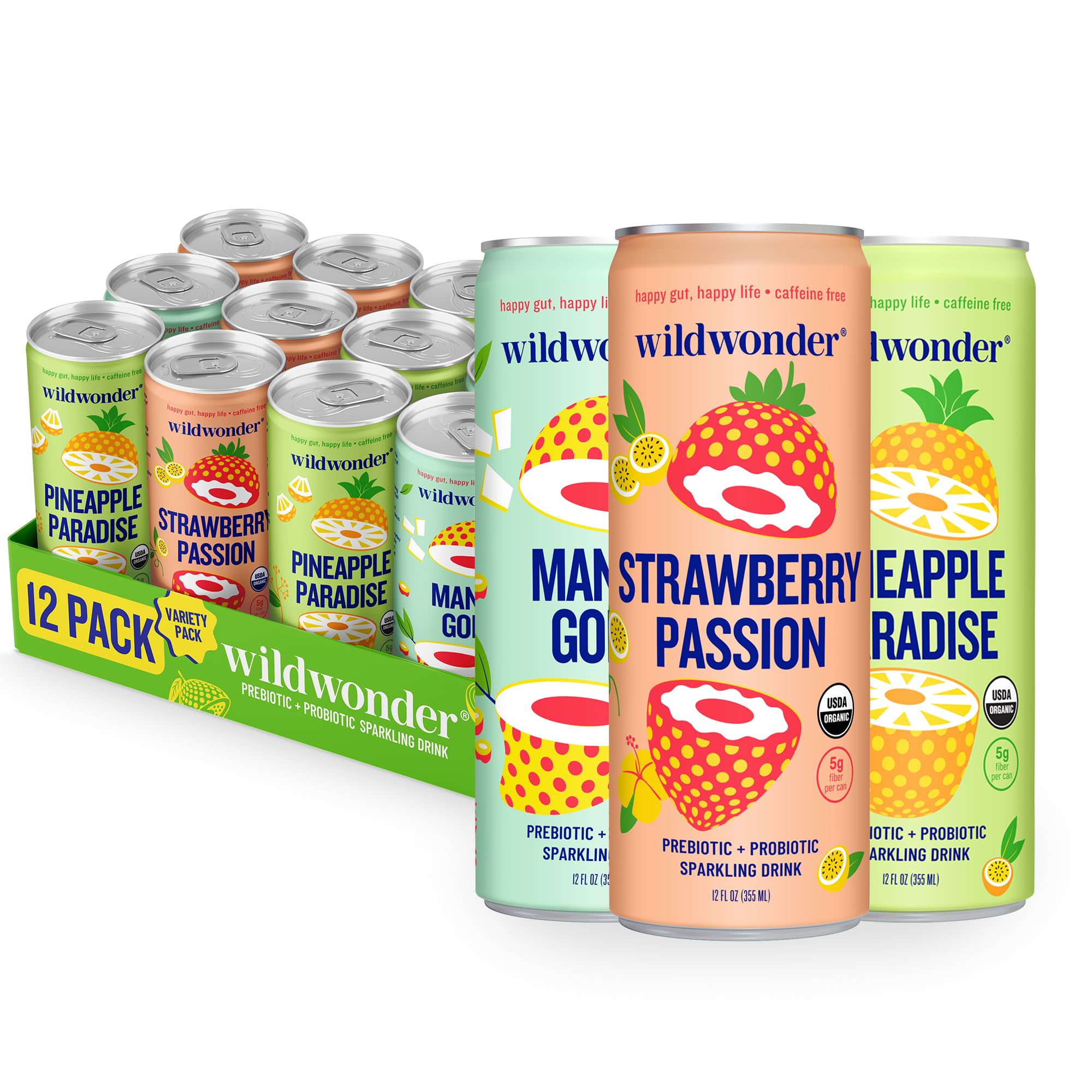 wildwonder Sparkling Probiotic Drink 12pk, For Gut Health & Immune Support, Tropical Vibes Variety, 5g Prebiotic Fiber, Live Probiotics, Organic, Vegan, Low Sugar, 12Pack, 12oz Can, Seen on Shark Tank