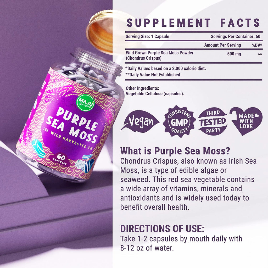 MAJU's Powerful Purple Sea Moss Capsules (60 ct), Extra-Strength Purple Minerals, Chondrus Crispus, Stronger Than Gel, Compare to Organic Irish Seamoss Capsule, Wild Harvested Powder Pills