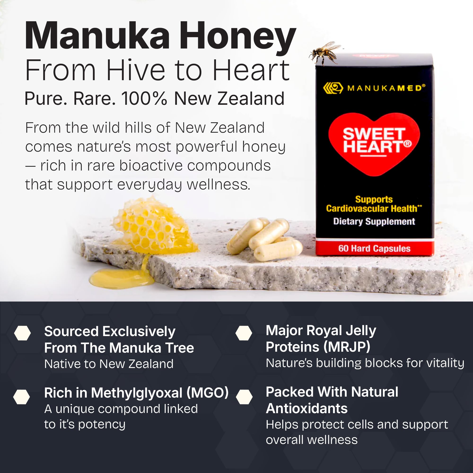 Sweetheart Natural Cholesterol Support Supplement - Manuka Honey Modified Royal Jelly Peptides - 60 Capsules, New Zealand Manuka Honey