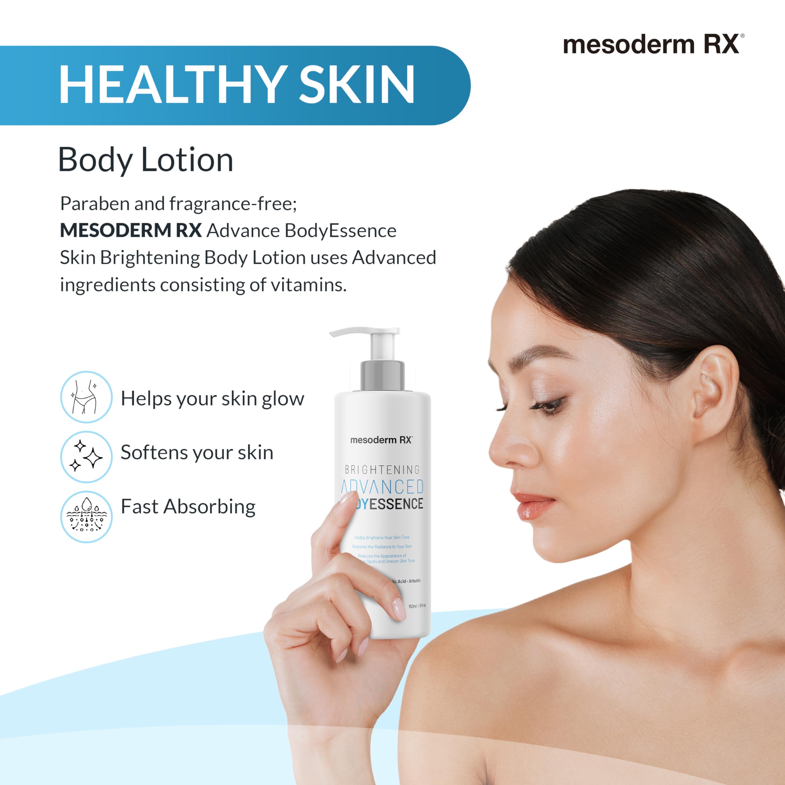 Mesoderm RX Advanced Skin Hydrating Brightening Body Essence, Niacinamide, Kojic Acid, Vitamin C, Hyaluronic Acid, Alpha Hydroxy Acids - Enhance, Smooth, Reduce Dark Spots, Uneven Skin Tone, 150ml.