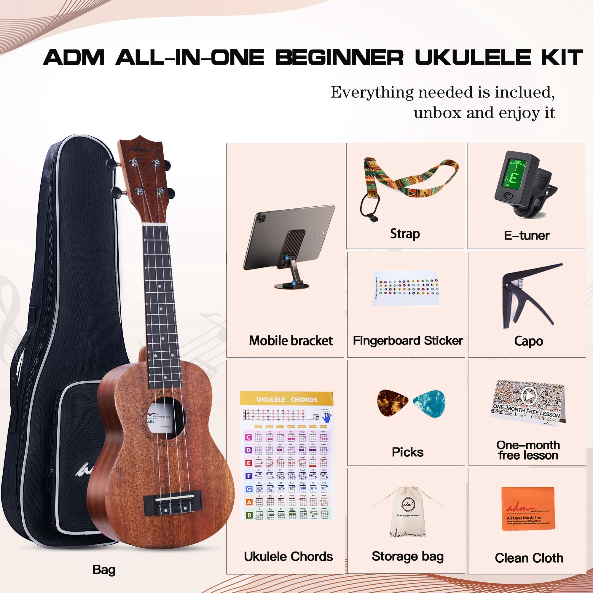 ADM Ukulele Beginner Kit Mahogany Hawaiian Wood Ukelele Bundle Ukalalee Set with Uke Free Starter Lessons for kids Students and Adults, Yellow Brown (Khaki, 21 inch)