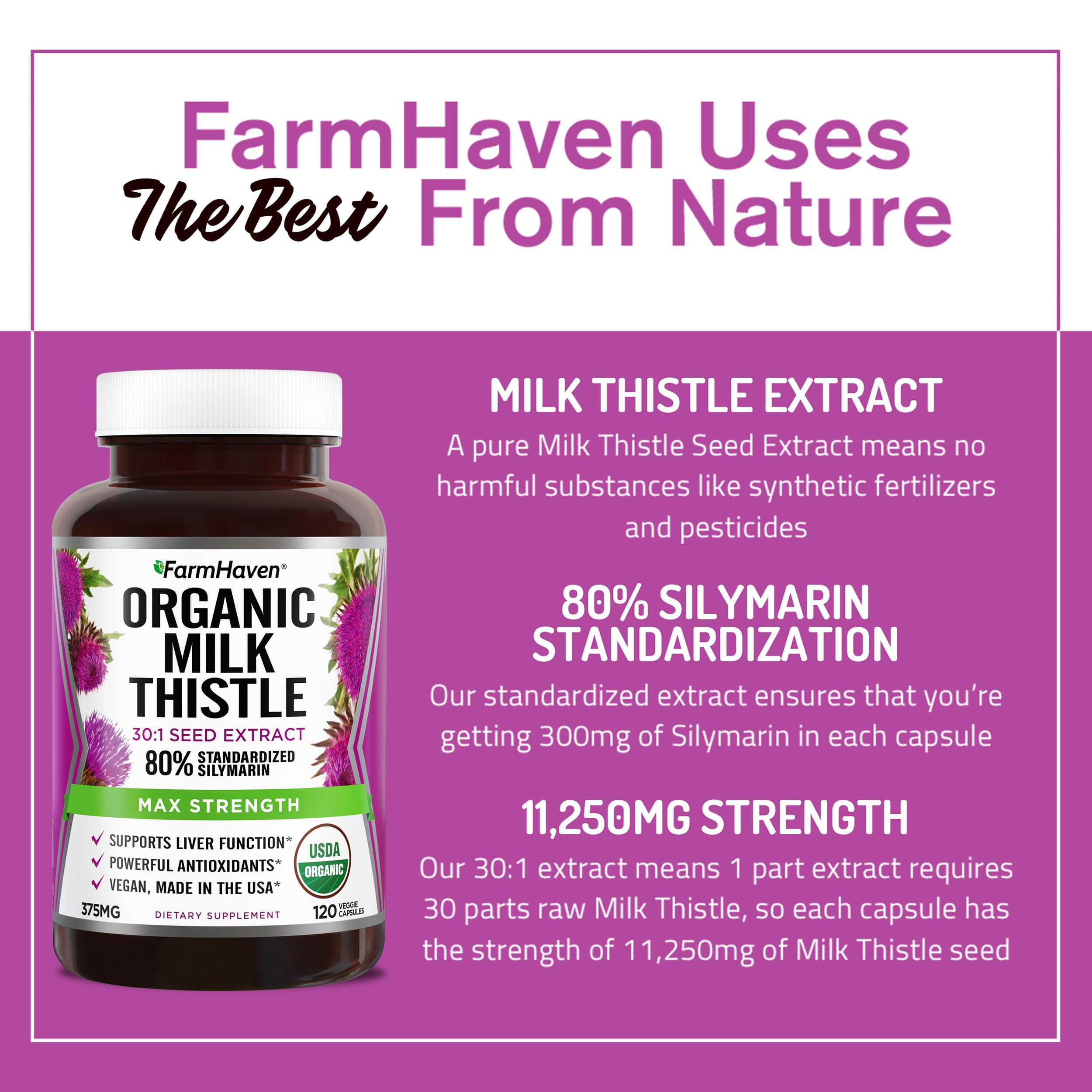 FarmHaven USDA Organic Milk Thistle Capsules | 30X Concentrated Seed Extract & 80% Silymarin Standardized - Supports Liver Function and Overall Health | Non-GMO | 240 Vegan Capsules