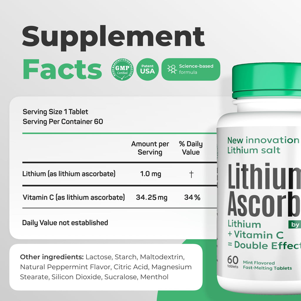 NORMOTIM Lithium Ascorbate 1 mg with Vitamin C - 60 Tablets – Brain Supplements for Memory and Focus, Mood and Stress Relief Supplement, Lithium Orotate (180 Tablets)