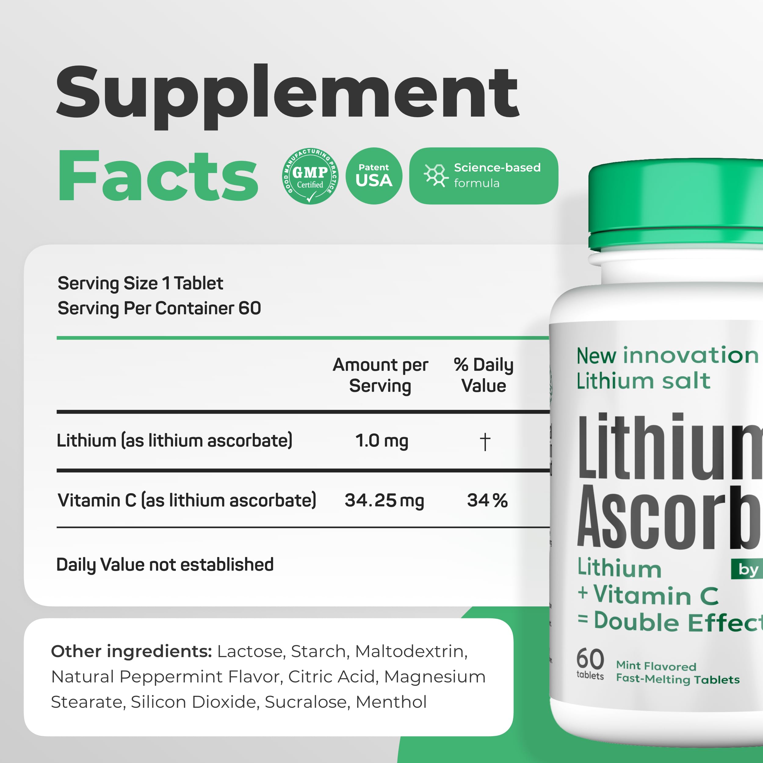 NORMOTIM Lithium Ascorbate 1 mg with Vitamin C - 60 Tablets – Brain Supplements for Memory and Focus, Mood and Stress Relief Supplement, Lithium Orotate (180 Tablets)
