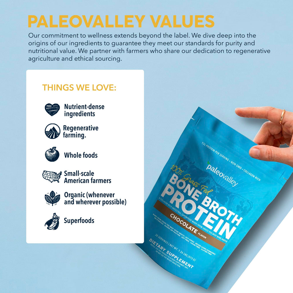 Paleovalley 100% Grass Fed Beef Bone Broth Protein Powder - Rich in Collagen Peptides for Hair, Skin, Gut Health, Bone and Joint Support - 13g Protein Per Serving - No Gluten or GMOs - Chocolate