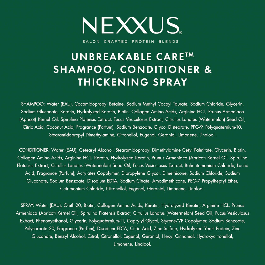 Nexxus Unbreakable Care Shampoo, Conditioner, and Leave-In Spray 3 Pack For Fine and Thin Hair with Keratin, Collagen, Biotin