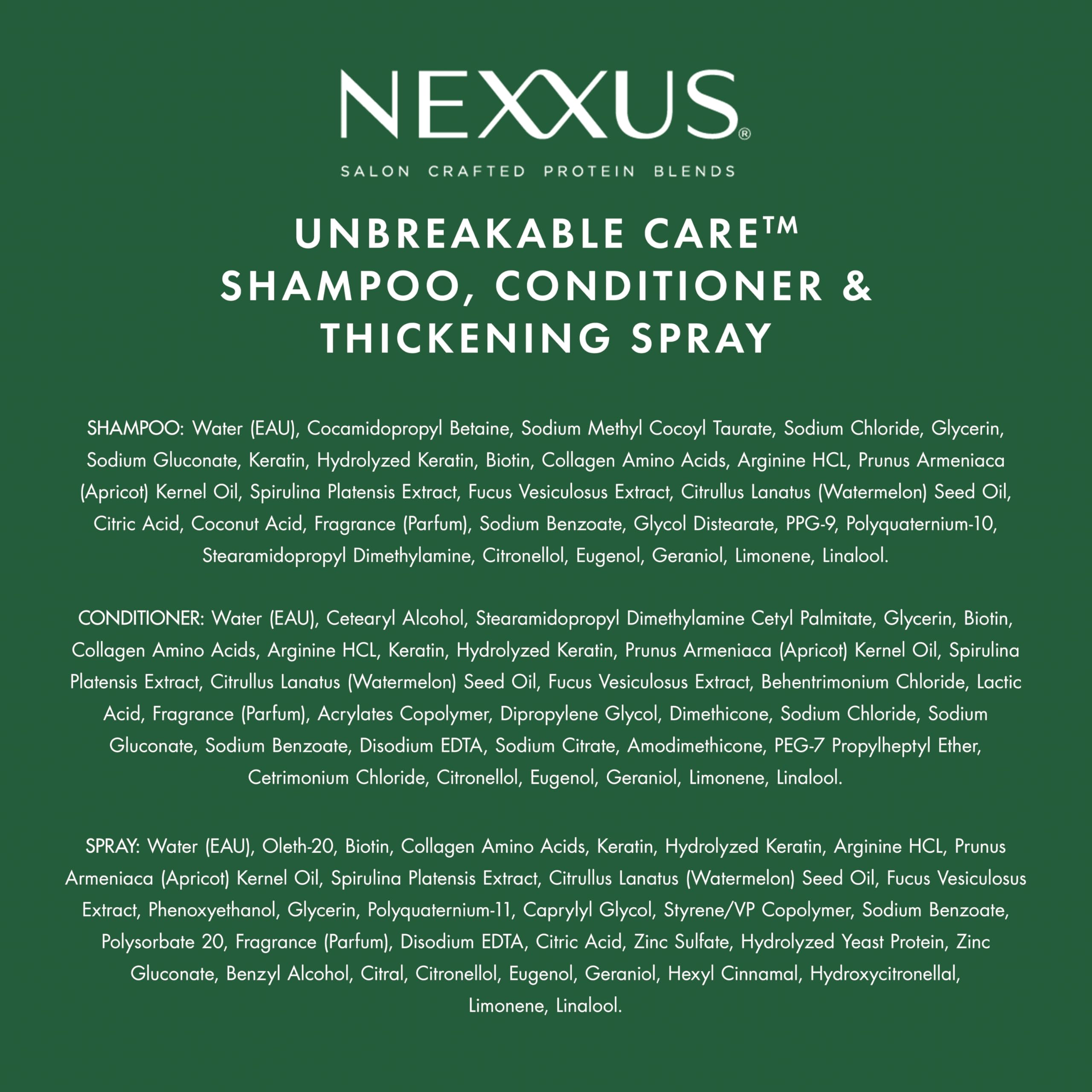 Nexxus Unbreakable Care Shampoo, Conditioner, and Leave-In Spray 3 Pack For Fine and Thin Hair with Keratin, Collagen, Biotin