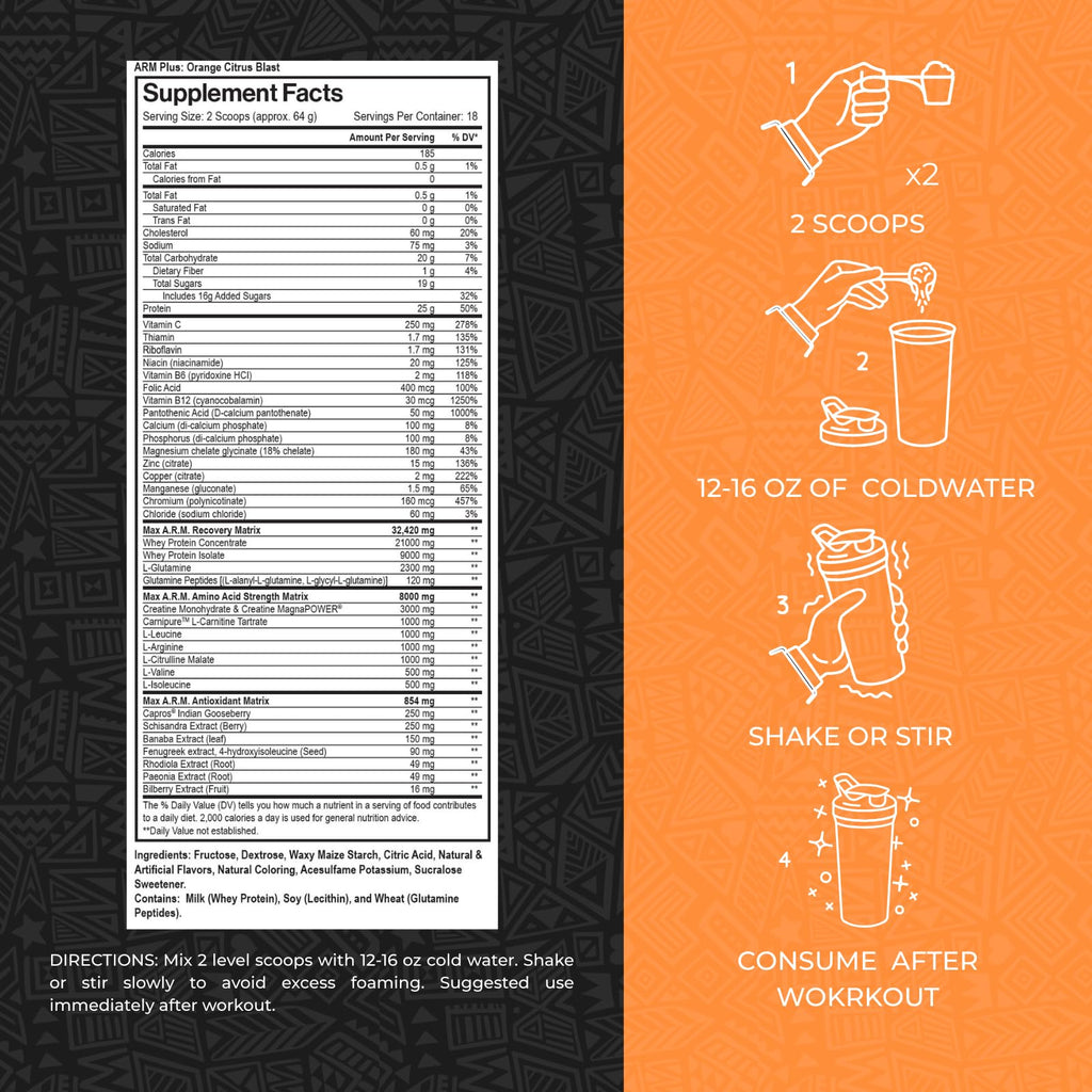 Max Muscle Arm Plus+ Anabolic Recovery Matrix | 25g Whey Protein, 8g Bcaas, 3g Creatine Monohydrate | Amino Acids, Antioxidants, Glutamine, Electrolytes (Orange Citrus Blast, 2.54 lb)