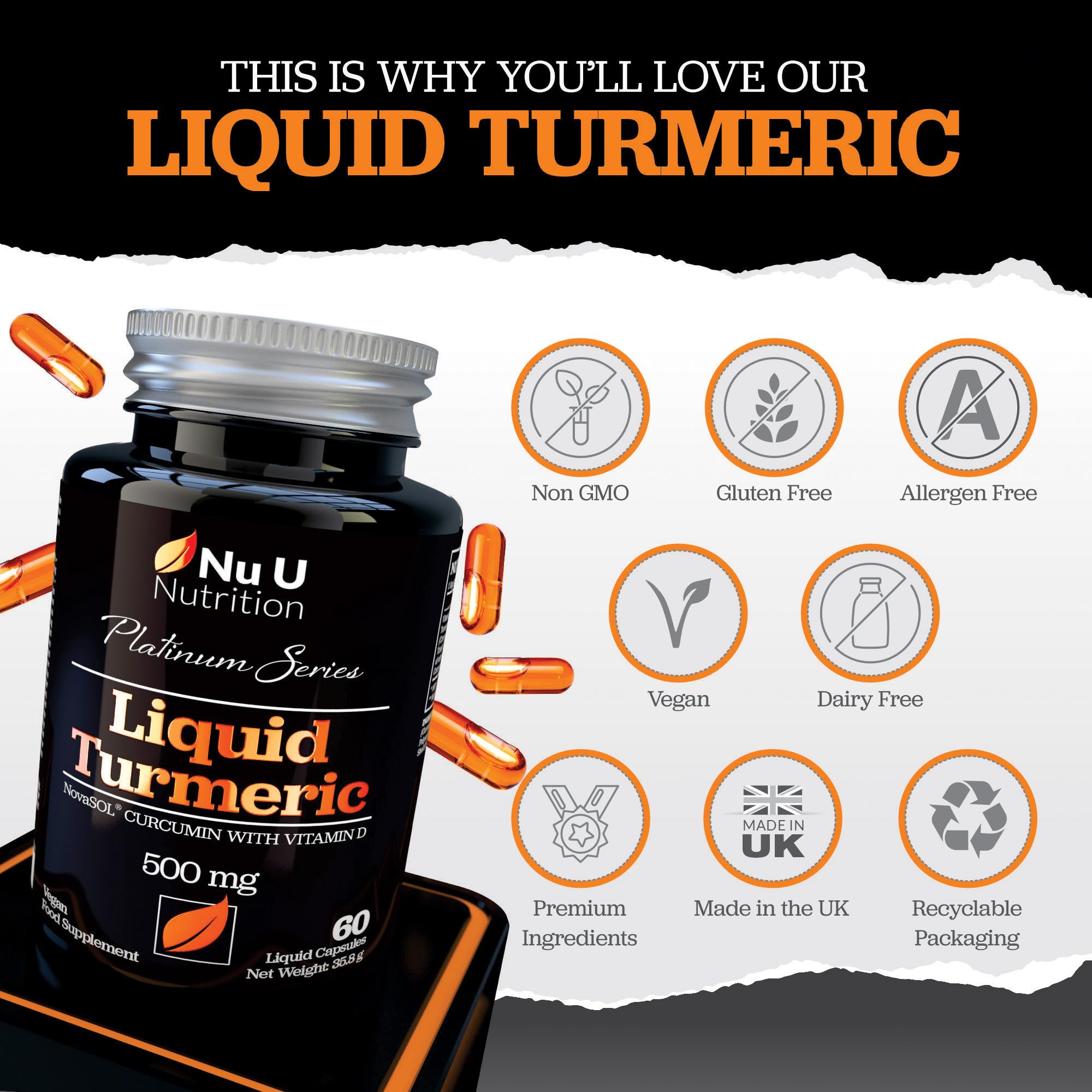 NovaSOL® Curcumin - Liquid Turmeric with Vitamin D - 60 Vegetarian Capsules - 185x More Bioavailability - High Strength Tumeric Supplement - Made in The UK - Nu U Nutrition