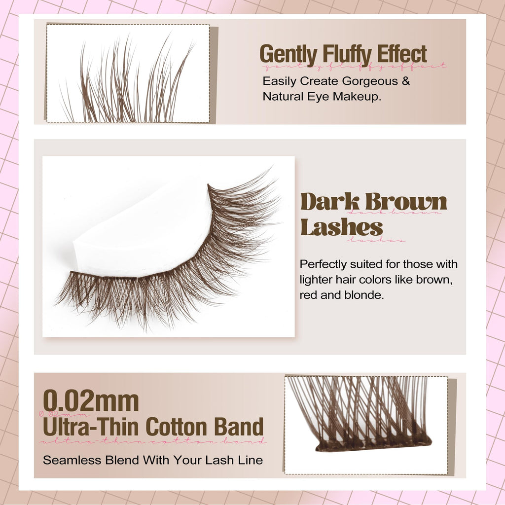 Brown Lash Clusters Kit Dark Brown Eyelash Clusters Gently Fluffy Individual Lashes Kit Natural DIY Lash Extensions Kit Brown Cluster Eyelash Extensions Kit with Lash Bond and Seal, Remover, Tweezers