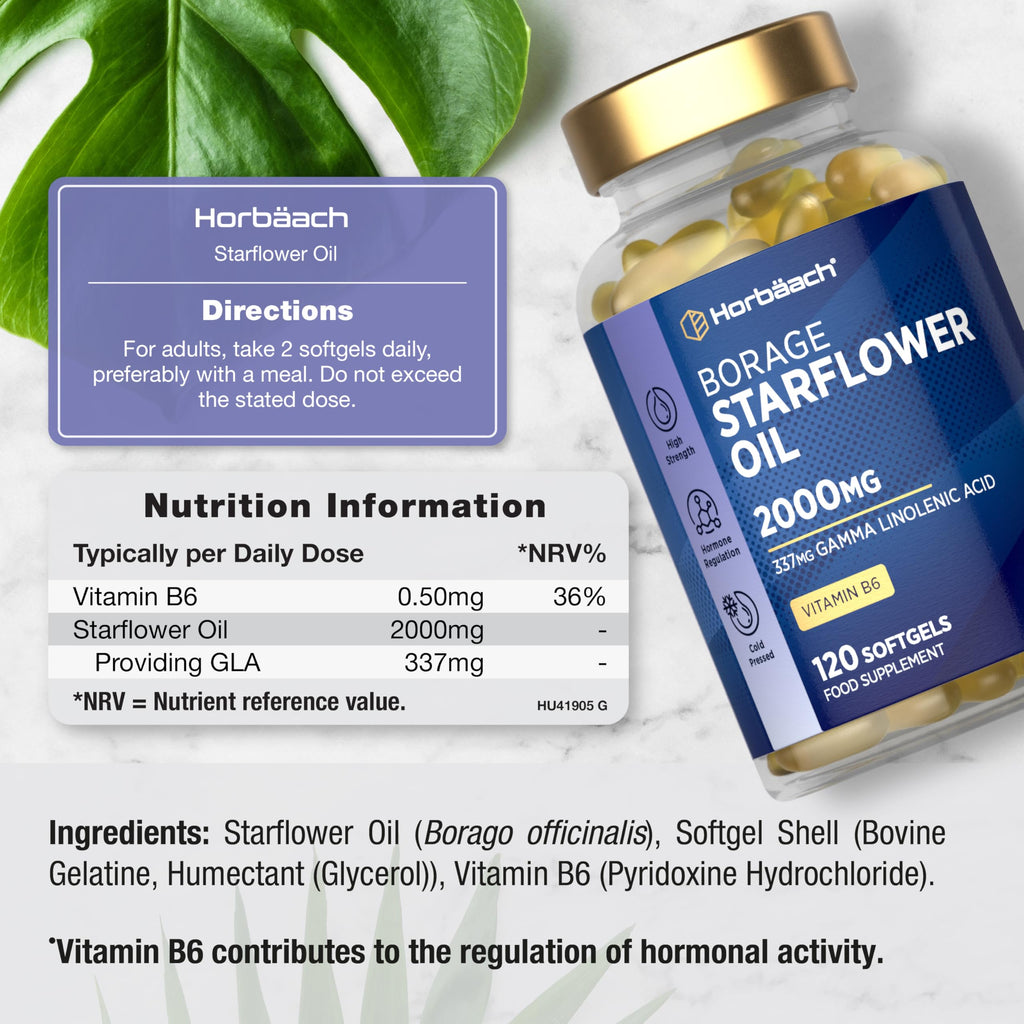 Starflower Oil Capsules 2000mg | High Strength GLA | Cold-Pressed Borage Oil with Vitamin B6 | Natural Source of Omega-6 | 120 Softgels | by Horbaach