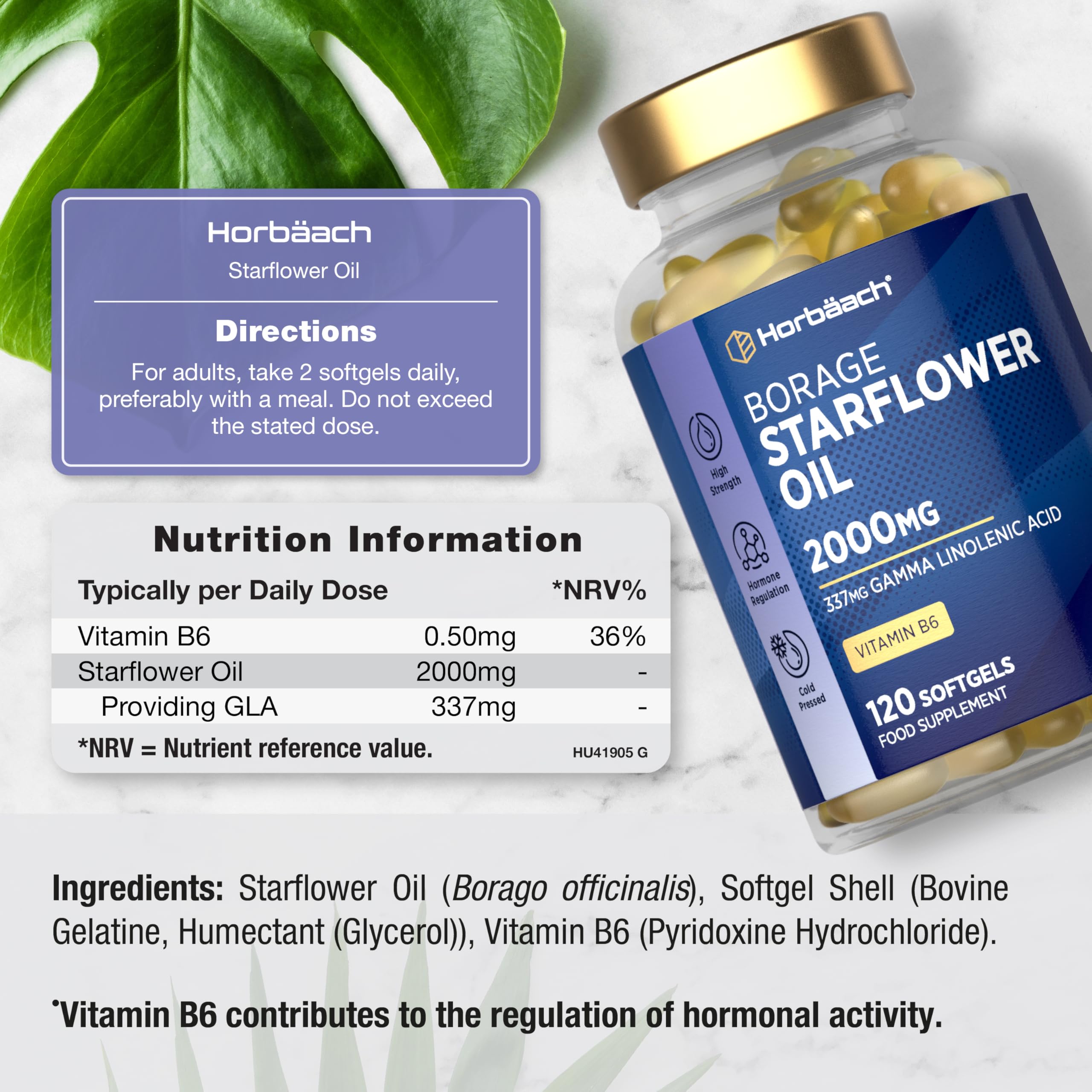 Starflower Oil Capsules 2000mg | High Strength GLA | Cold-Pressed Borage Oil with Vitamin B6 | Natural Source of Omega-6 | 120 Softgels | by Horbaach