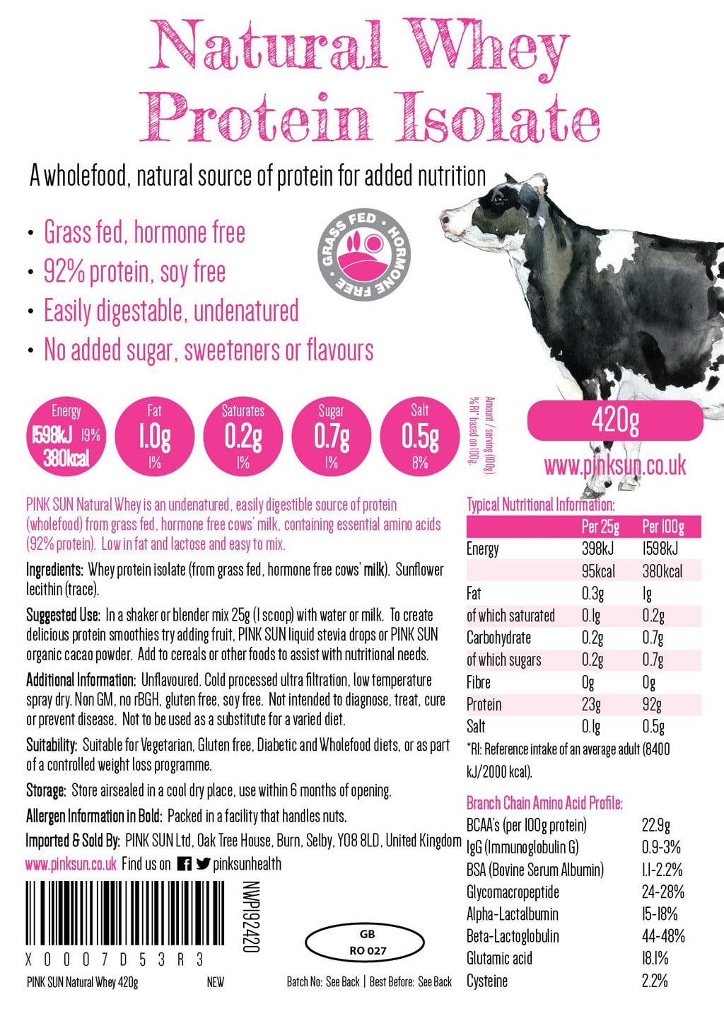 PINK SUN Whey Protein Isolate Powder Unflavoured 420g (92% Protein) Soy Free Grass Fed Gluten Free Vegetarian Undenatured Non GM Unsweetened Natural Whey UK