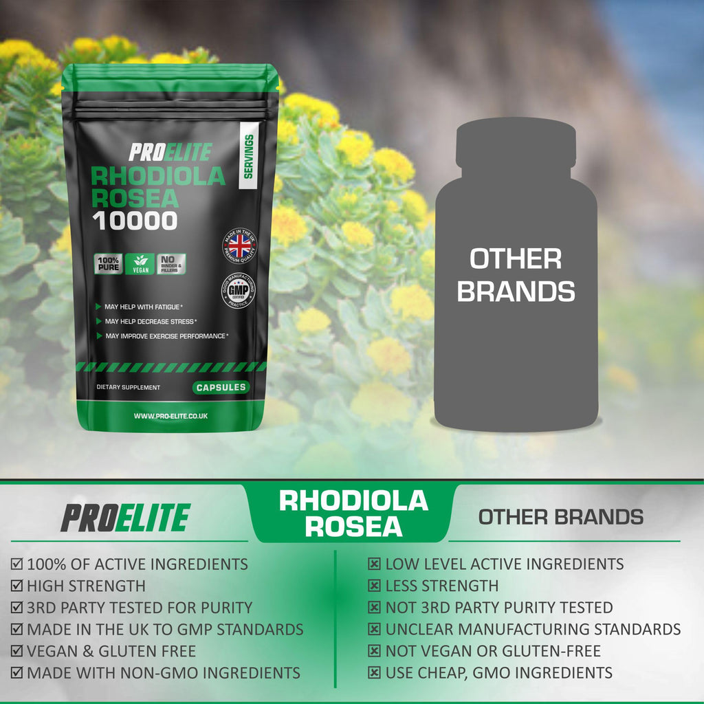 Rhodiola Rosea Extract 500mg 60 Vegan Capsules | 3% Standardised Rosavins 1% Salidrosid | Arctic Root Nootropic Adaptogen Supplement | Premium Rhodiola Root Extract | Made in UK by PROELITE