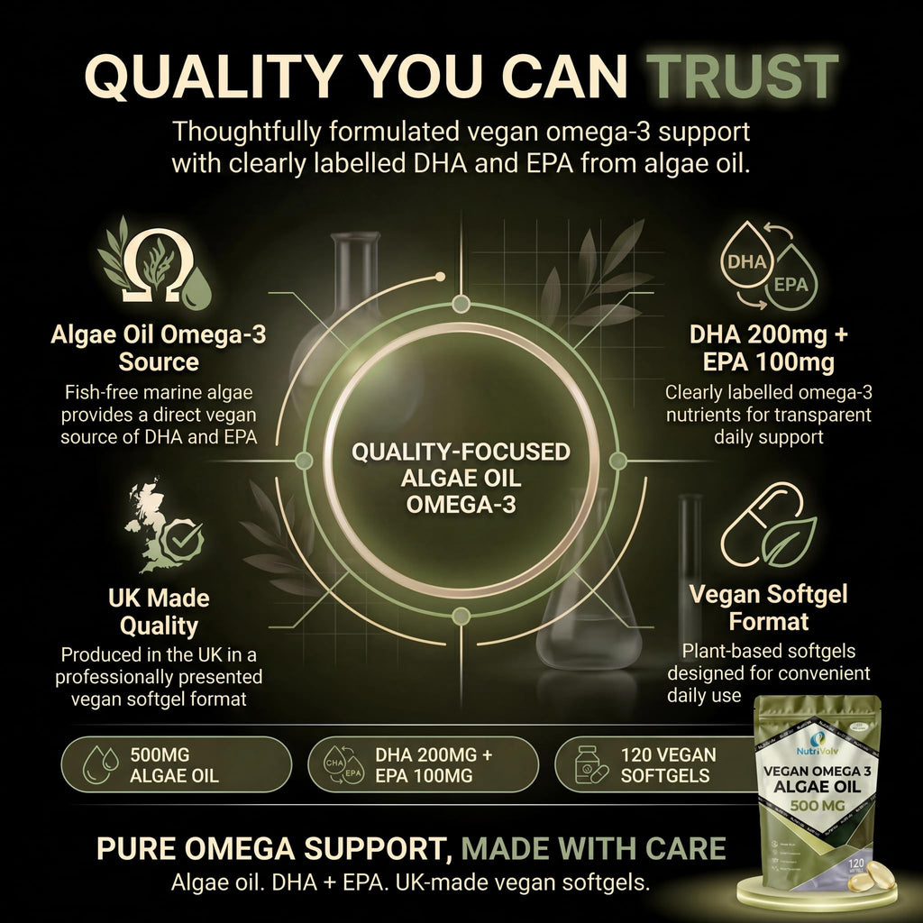 Vegan Omega 3 Algae Oil 500mg | 120 Vegan Softgels | DHA 200mg & EPA 100mg | Vegan Alternative to Omega 3 Fish Oil | Supports Eye, Brain & Heart Health | Essential Fatty Acid