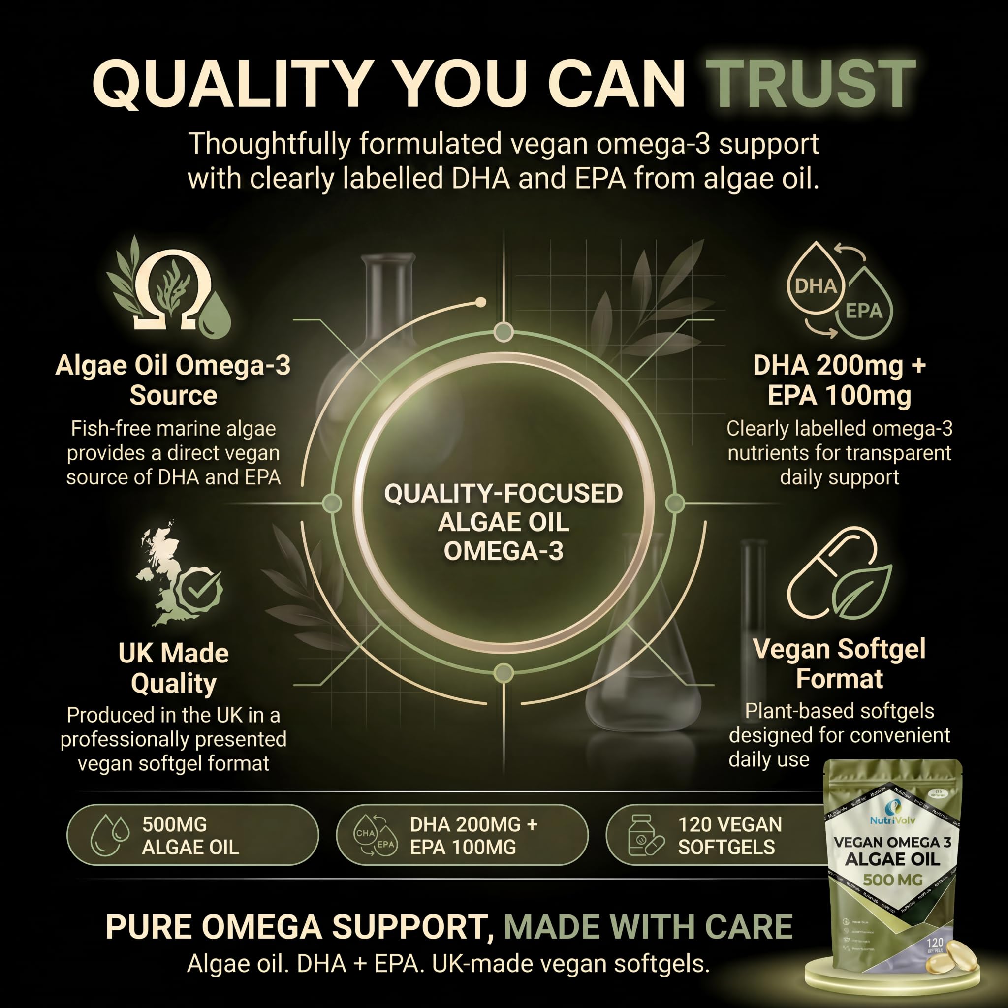 Vegan Omega 3 Algae Oil 500mg | 120 Vegan Softgels | DHA 200mg & EPA 100mg | Vegan Alternative to Omega 3 Fish Oil | Supports Eye, Brain & Heart Health | Essential Fatty Acid