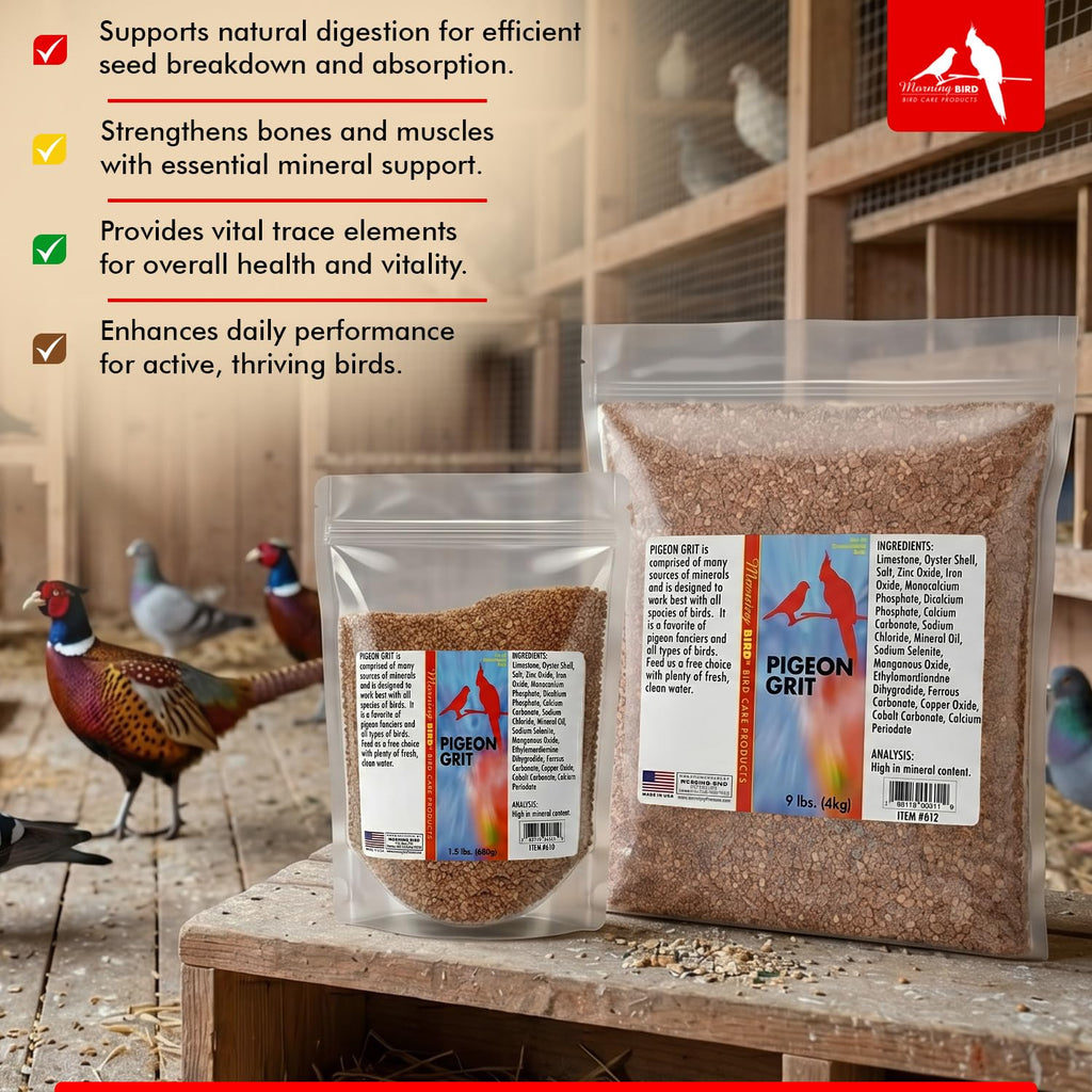 Morning Bird Pigeon Grit - Healthy & Nutritious Pigeon Food to Support Strong Muscles & Bones for Grit Eating Birds - Supports Digestion & Packed with Essential Minerals 9 lbs