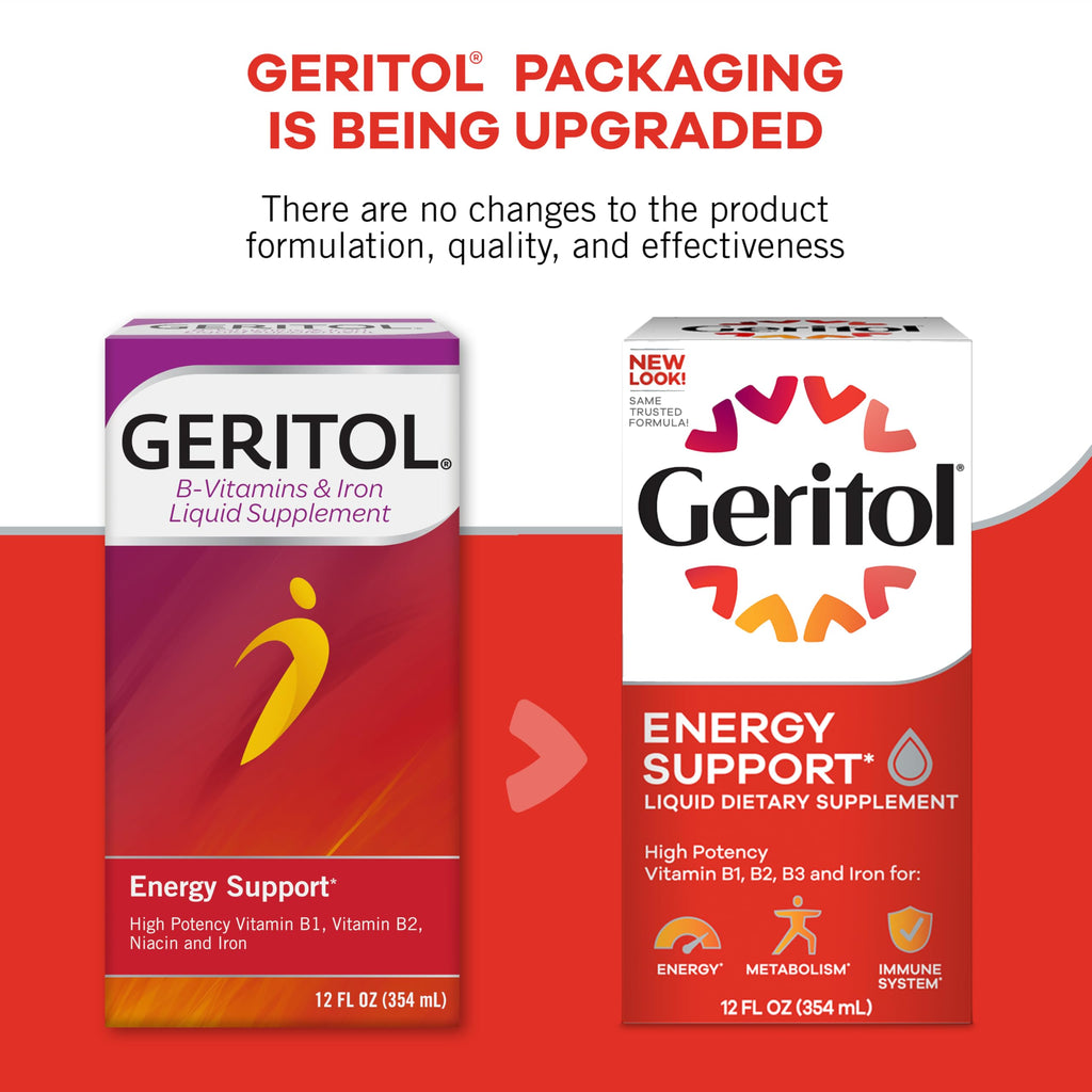 Geritol Liquid Vitamin and Iron Supplement, Energy Support Vitamins, Contains High Potency B-Vitamins and Iron, Easy to Swallow, No Artificial Sweeteners, Non-GMO, 12 Oz (Pack of 3)
