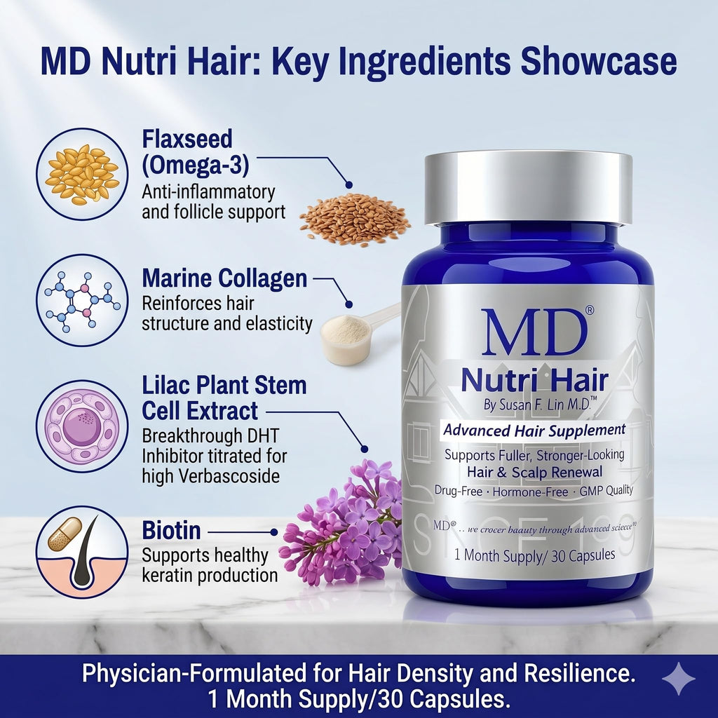 MD Nutri Hair Growth Supplement for Thinning and Hair Loss, Reduces Shedding, Lilac Stem Cells with Marine Collagen and Biotin, 30 Vegetable Capsules